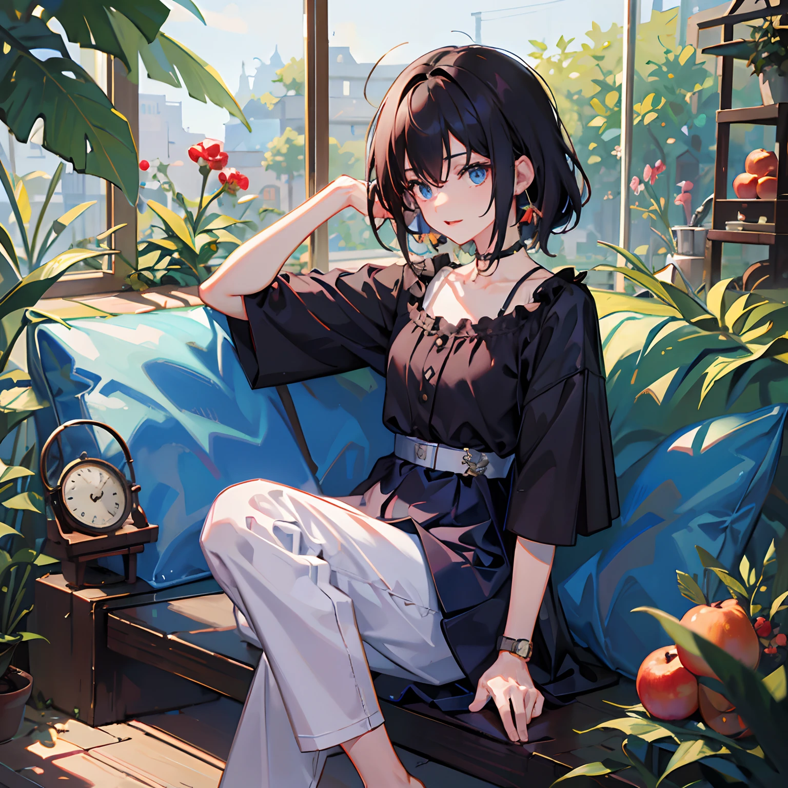 1boy，apples，Hanfu，By bangs，berries，Black hair，Black shirt，eBlue eyes，Hair between both eyes，jewely，leafs，looking at viewert，malefocus，choker necklace，trouser，The shirt，独奏，Wrist watch，White pants，Wrist watch，Messy hair, Trends on ArtStation, 8K分辨率, The is very detailed, anatomically correcte, Sharp Images, digitial painting, concept-art, Popular trends on pixiv, Makoto Shinkai's style,