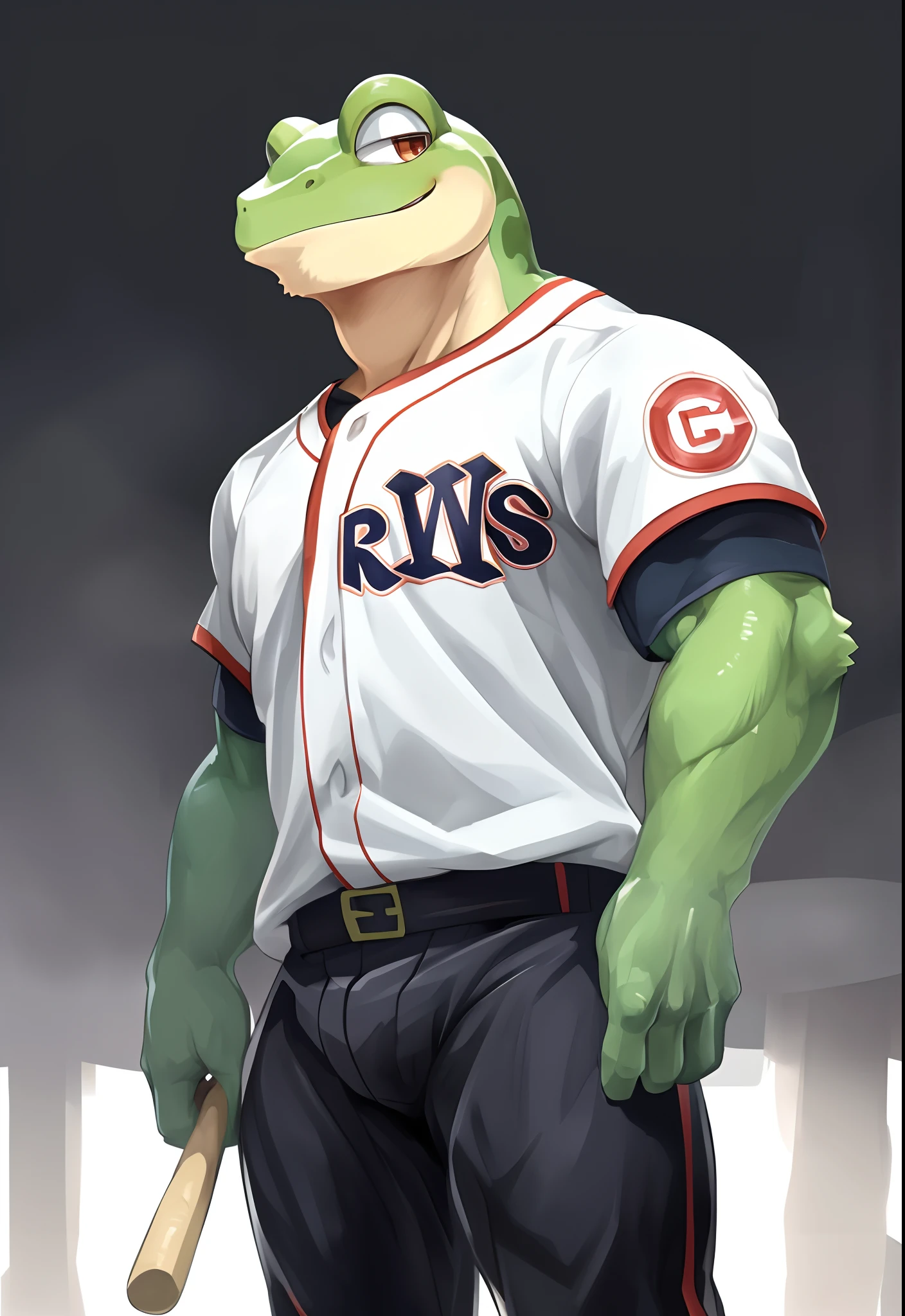 masterpiece, high quality, absurd res, digital painting \(artwork\), solo, (kemono:1.4), 1 male, frog male, muscular body, baseball uniform, sliding pants, undershirt, smile