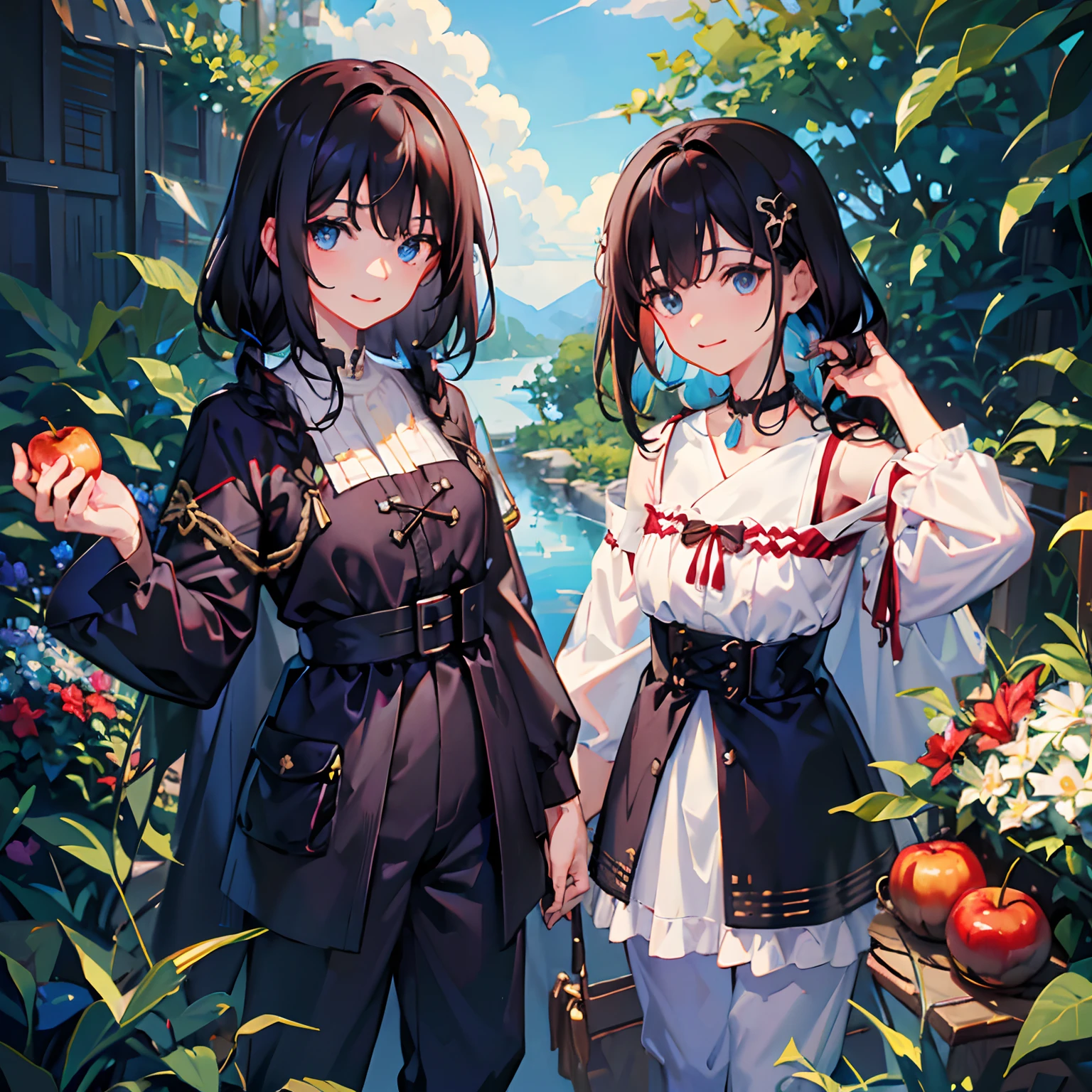 1boy,apples,Hanfu,By bangs,berries,Black hair,Black shirt,eBlue eyes,Hair between both eyes,jewely,leafs,looking at viewert,malefocus,choker necklace,trouser,The shirt,独奏,Wrist watch,White pants,Wrist watch,Messy hair, Trends on ArtStation, 8K分辨率, The is very detailed, anatomically correcte, Sharp Images, digitial painting, concept-art, Popular trends on pixiv, Makoto Shinkai's style,