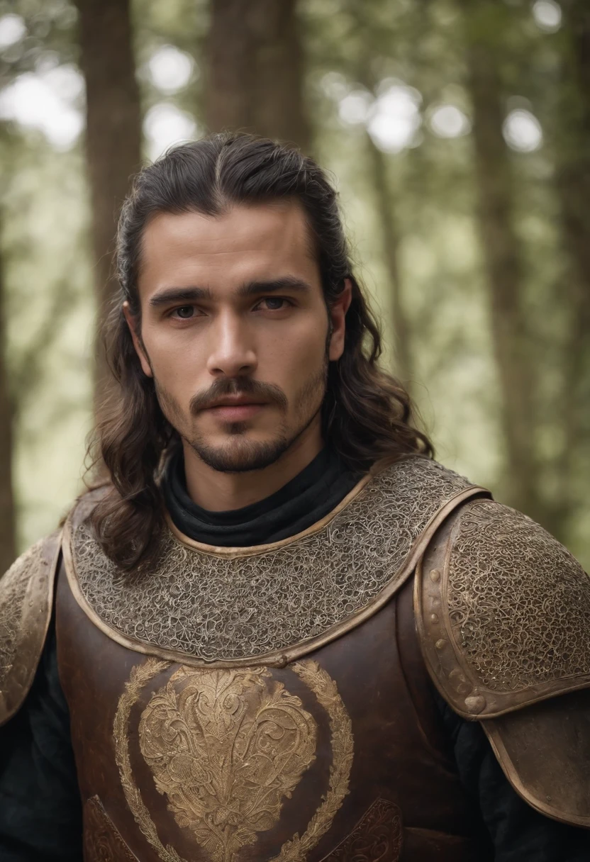 Khodanor Lajei Homem Medieval, armadura preta, coroa de ouro, cabelo ruivo