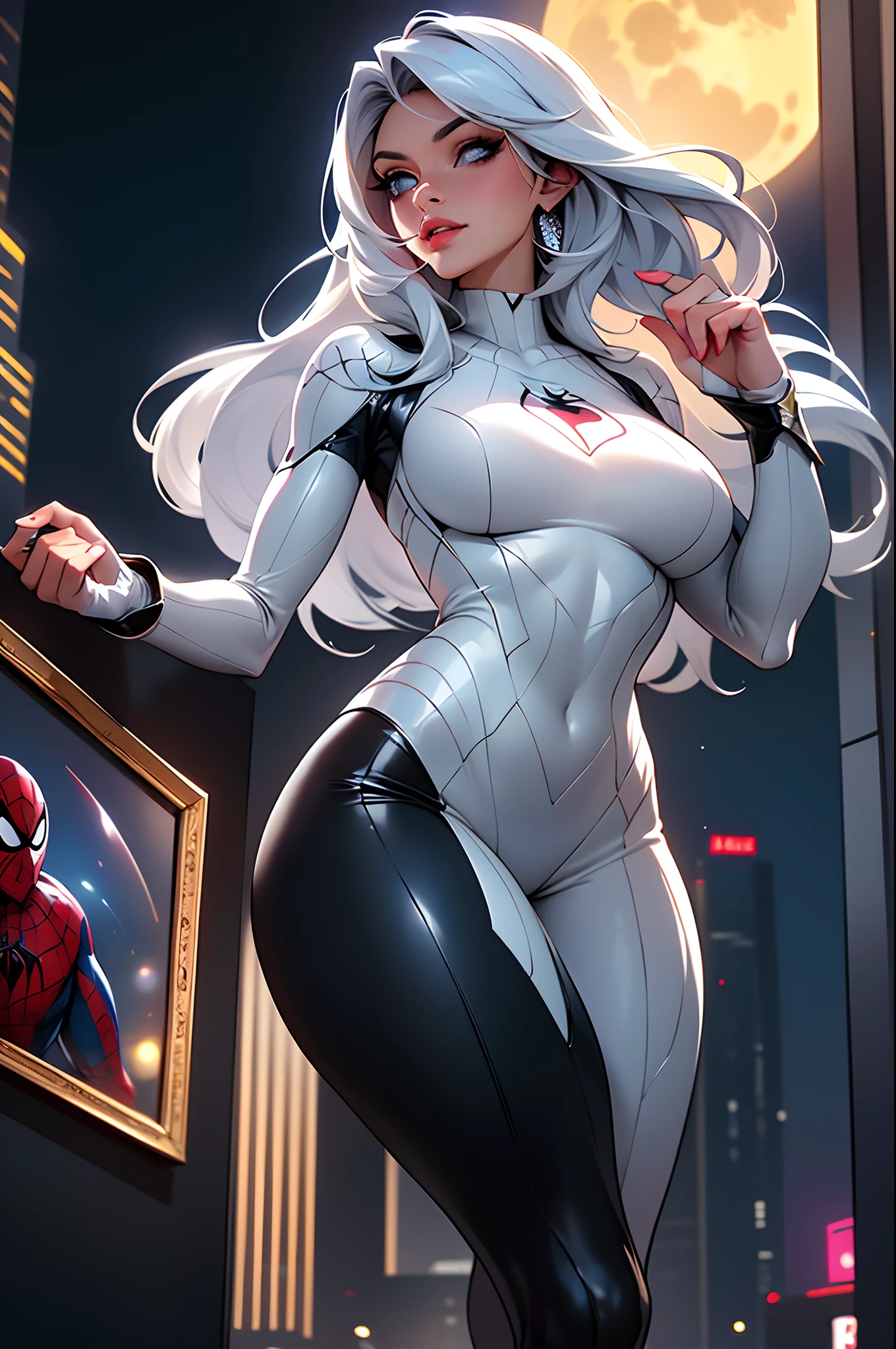 (Masterpiece, 4k resolution, ultra-realistic, very detailed), (White superhero theme, charismatic, there's a girl on top of town, wearing Spider-Man costume, she's a superhero), [ ((25 years), (long white hair:1.2), full body, (blue eyes:1.2), ((Spider-Man pose),show of strength, jumping from one building to another), ((sandy urban environment):0.8)| (cityscape, at night, dynamic lights), (full moon))] # Explanation: The Prompt mainly describes a 4K painting of ultra-high definition, very realistic, very detailed. It shows a superheroine at the top of the city, wearing a Spider-Man costume. The theme in the painting is a white superhero theme, the female protagonist has long white hair, is 25 years old and her entire body is shown in the painting. In terms of portraying the actions of superheroines, spiders are employed