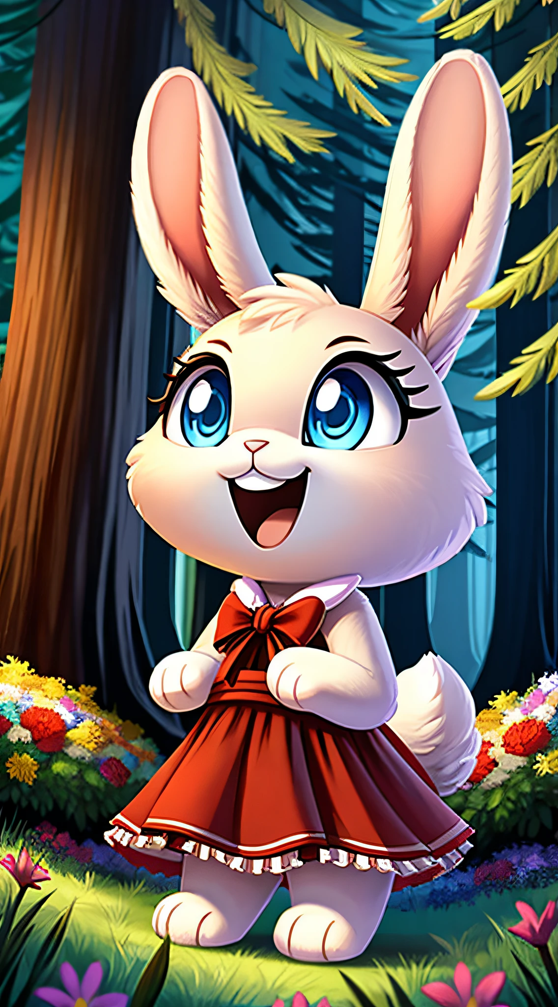 zoomed out image, fantasy style art, cute, adorable, short character, small, tiny little fluffy female white bunny with blue eyes, 4 ears, 2 extra ears, big floppy ears, long ears, ears perked up, raised ears, long eyelashes, poofy rabbit tail, wearing a red frilly ribbon dress, smiling, standing in a redwood forest, big expressive smile, open mouth, wide eyes, excited eyes, excited face, stunning visuals, sunlight coming through the redwood trees, flowers scattered in the bushes, digital illustration
