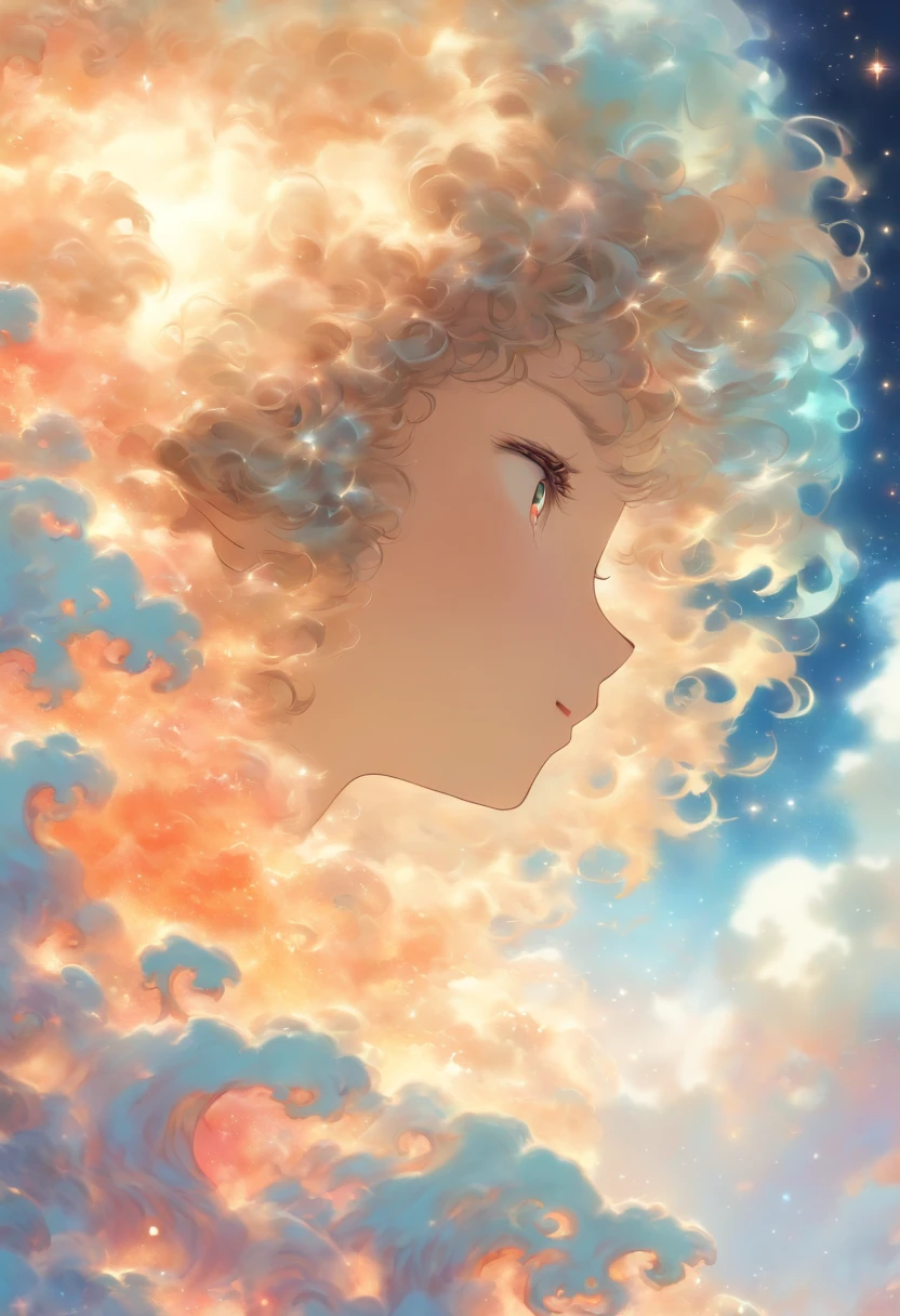 (tmasterpiece、top-quality、top-quality、watercolor paiting(curly)、offcial art、aestheticly pleasing:1.2)、(1girl in:1.3)、(Fractal art:1.3)、((komono))、The upper part of the body、From the side Side、looking at viewert、patterns、(half white, half black hair:1.2)、Eau、liquids、clouds、Extremely colorful、starrysky、stone monument、