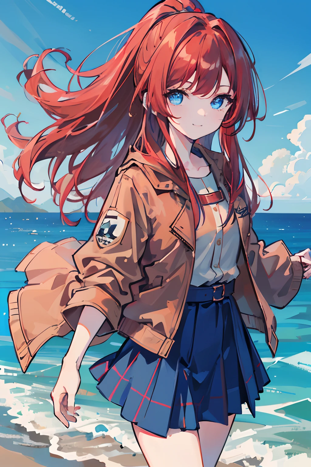 1girl, masterpiece, high quality, ((red hair)), ((straight hair)), (ponytail), ((waist-length hair)), long hair, (((blue eyes))), (wearing a check skirt), ((wearing a brown jacket)), in the Europe, smiling, standing, (walking), blue sky, light sky, blue sea, ((detail face)), in the waterfront, (in the coast)