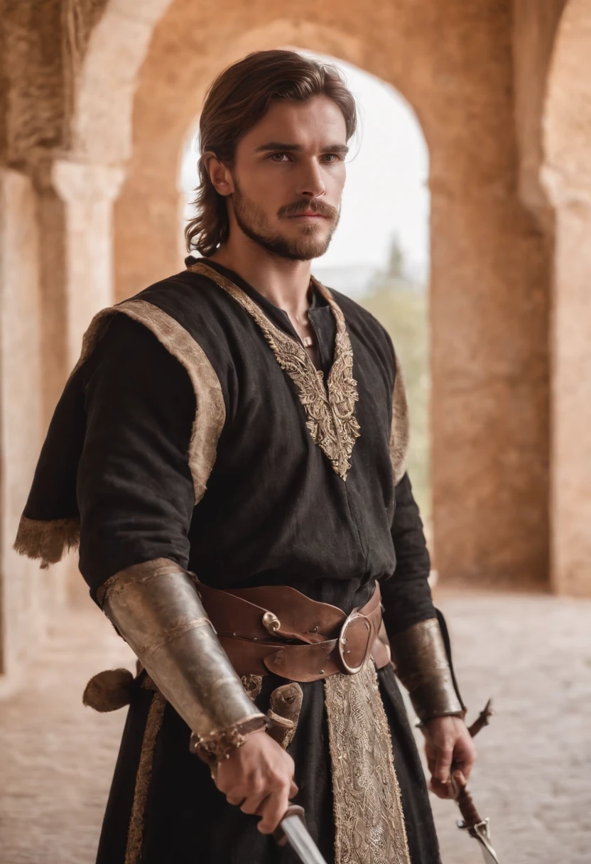 strong, A young man with brown and white hair, A sore beard and a full body dressed as a warrior standing in the palaces of Andalusia looking at the camera holding a sword dressed in black