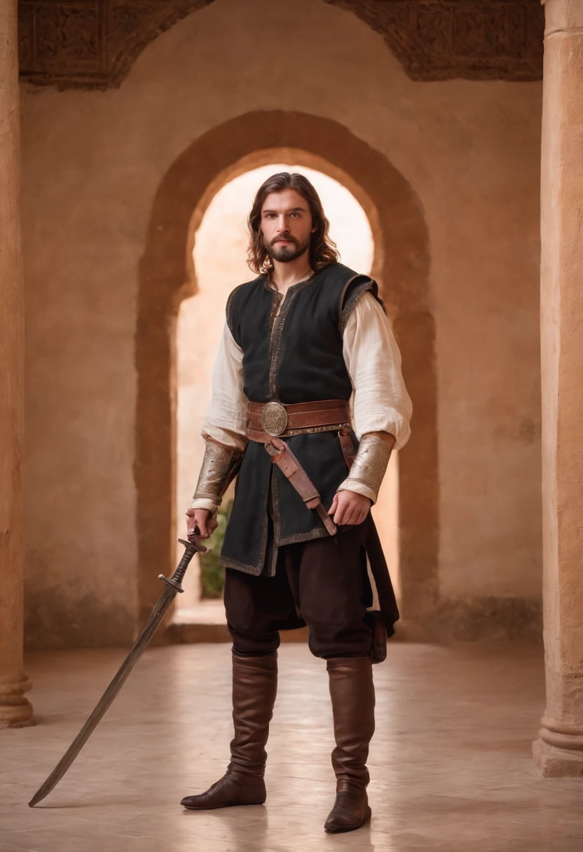 strong, A young man with brown and white hair, A sore beard and a full body dressed as a warrior standing in the palaces of Andalusia looking at the camera holding a sword dressed in black