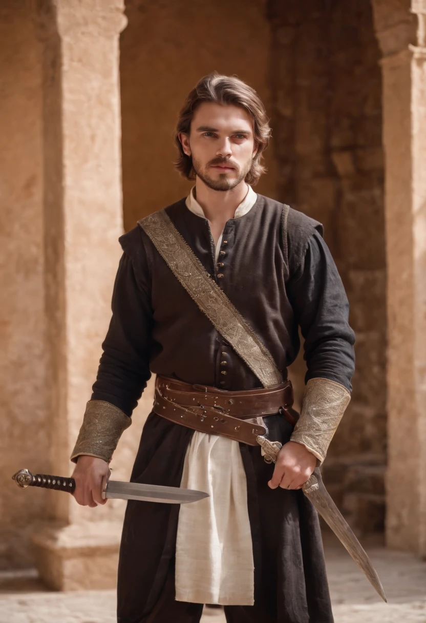 strong, A young man with brown and white hair, A sore beard and a full body dressed as a warrior standing in the palaces of Andalusia looking at the camera holding a sword dressed in black