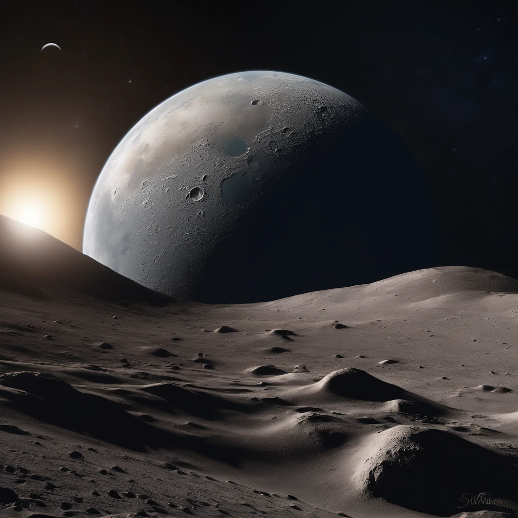 Master Parts、Superior Quality、superior image quality、The 8k quality、Beautiful pictures of the starry sky、magnifica、Arched Milky Way:1.25、Alafed view of Earth from the lunar surface:1.25, Lunar surface, space photo, on the moon, moon background, moon background, on the moon, Lunar soil, space photo, moonscape, Focus on the Moon, On Moon, Numerous craters, Seeing the Earth from the surface of the moon:1.9, big earth in the sky:1.9, Crashed and weathered spaceship