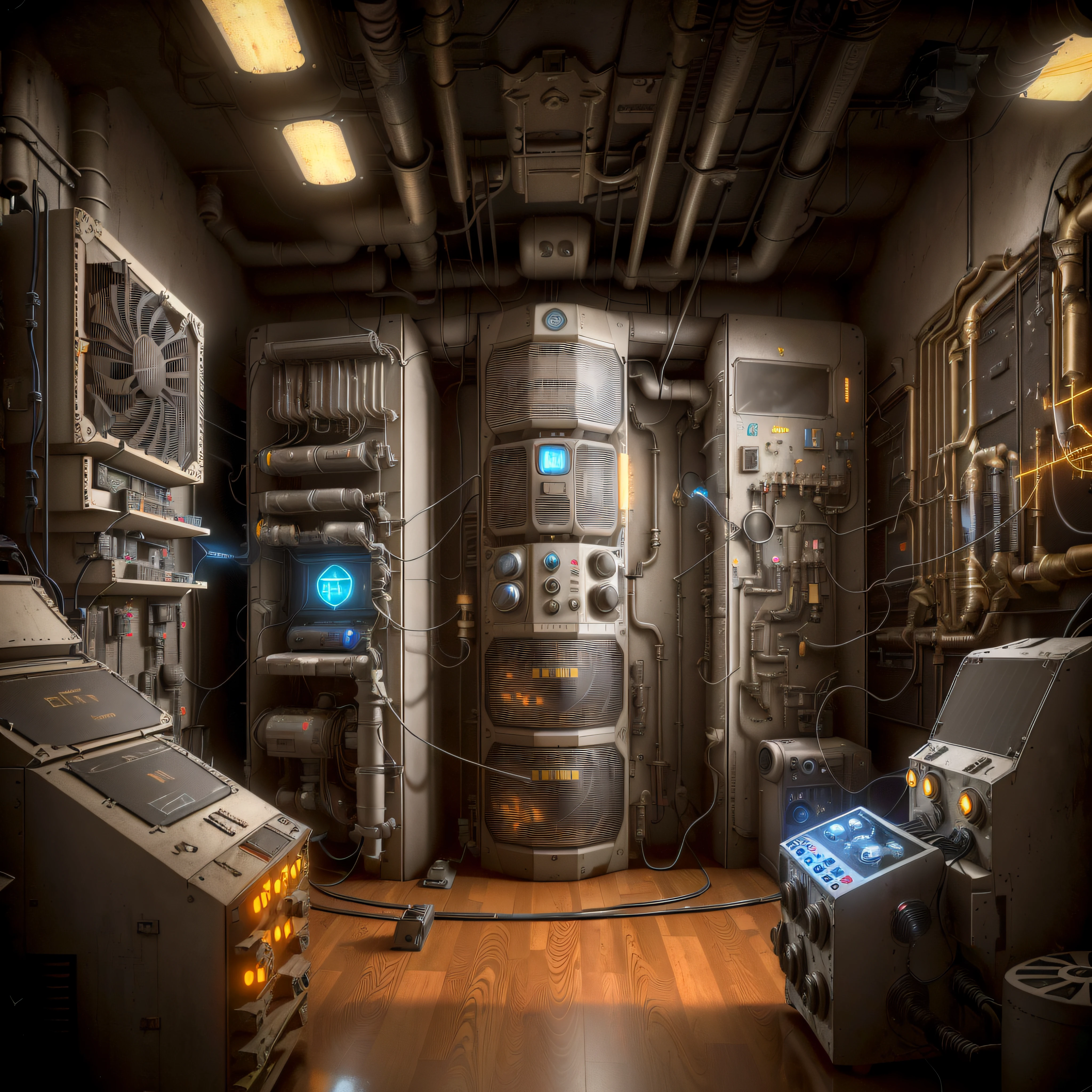there are many old electronics in a room with a wooden floor, artstation hq”, matte painting of steam machines, sci fi engine room living room, secret underground lab, unreal engine. retro film still, small chamber. hyperrealistic, old experimentation cabinet, set in bank vault room, rendered in unreal engine”, dieselpunk setting, underground lab