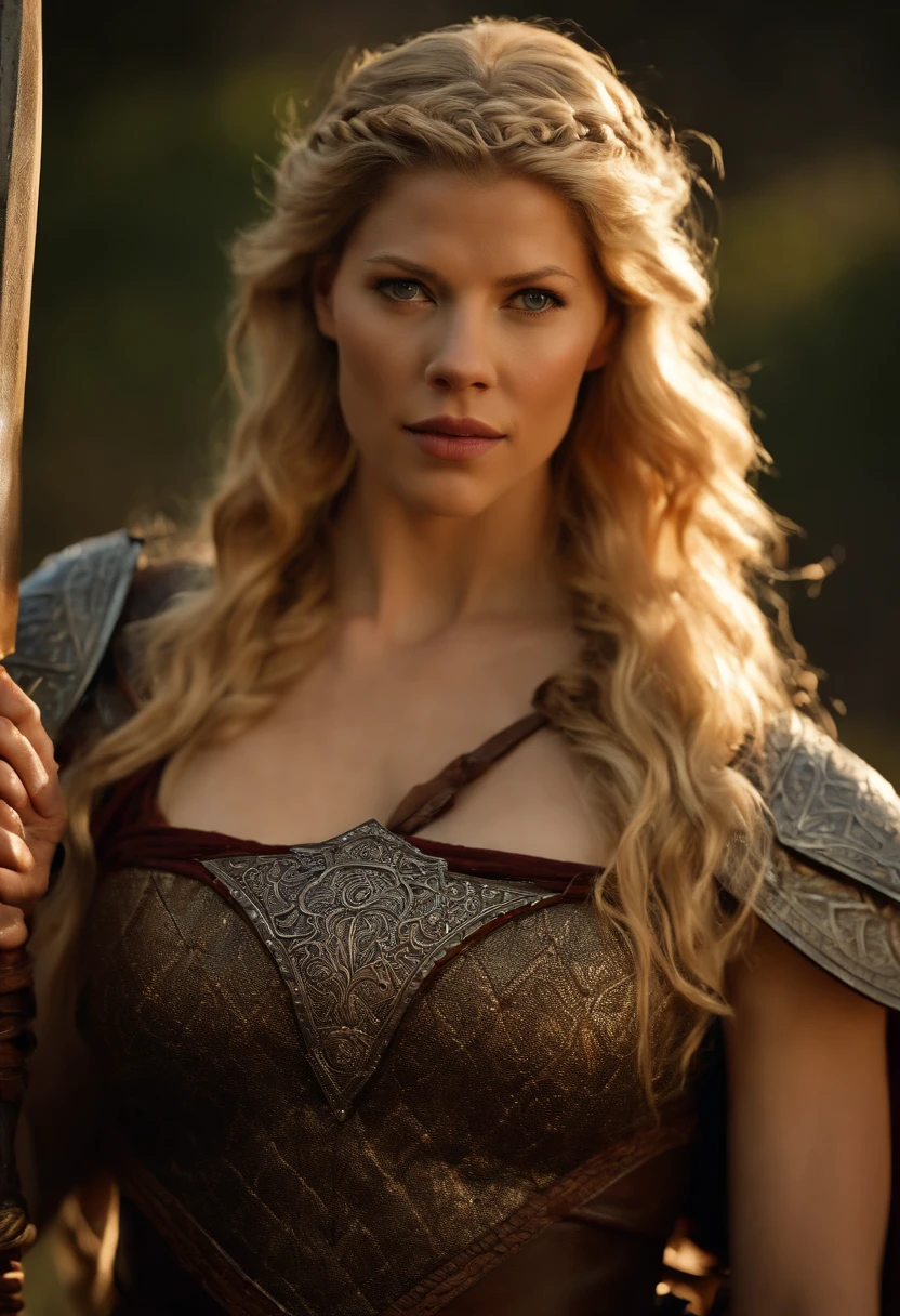 ((qualidade excepcional)), ((obra-prima)), ((true to reality)), guerreira viking, (((Katheryn Winnick))), Vestindo armadura de couro, roupas detalhadas, textura de pele realista, ((corpo inteiro)), (((Ultra-detailed hands and feet))), tatuagens, Enfeite, brincos, detalhes intricados, super realista, hiper detalhada, textura da pele, bronzeada, sardas, pele brilhante,  Battle position, ao fundo uma batalha viking, detalhe insano, foco nítido, volumeric lighting, bons destaques, bom sombreamento, espalhamento subsuperficial, intrincado, altamente detalhado, based on the Vikings series, ((cinemactic)), Dramatic, (mais alta qualidade, Concedido, obra-prima:1.5), (fotorrealista:1.5), fotografia, Realistic photo, Nikon, Luz Natural, 4k, highes definition,