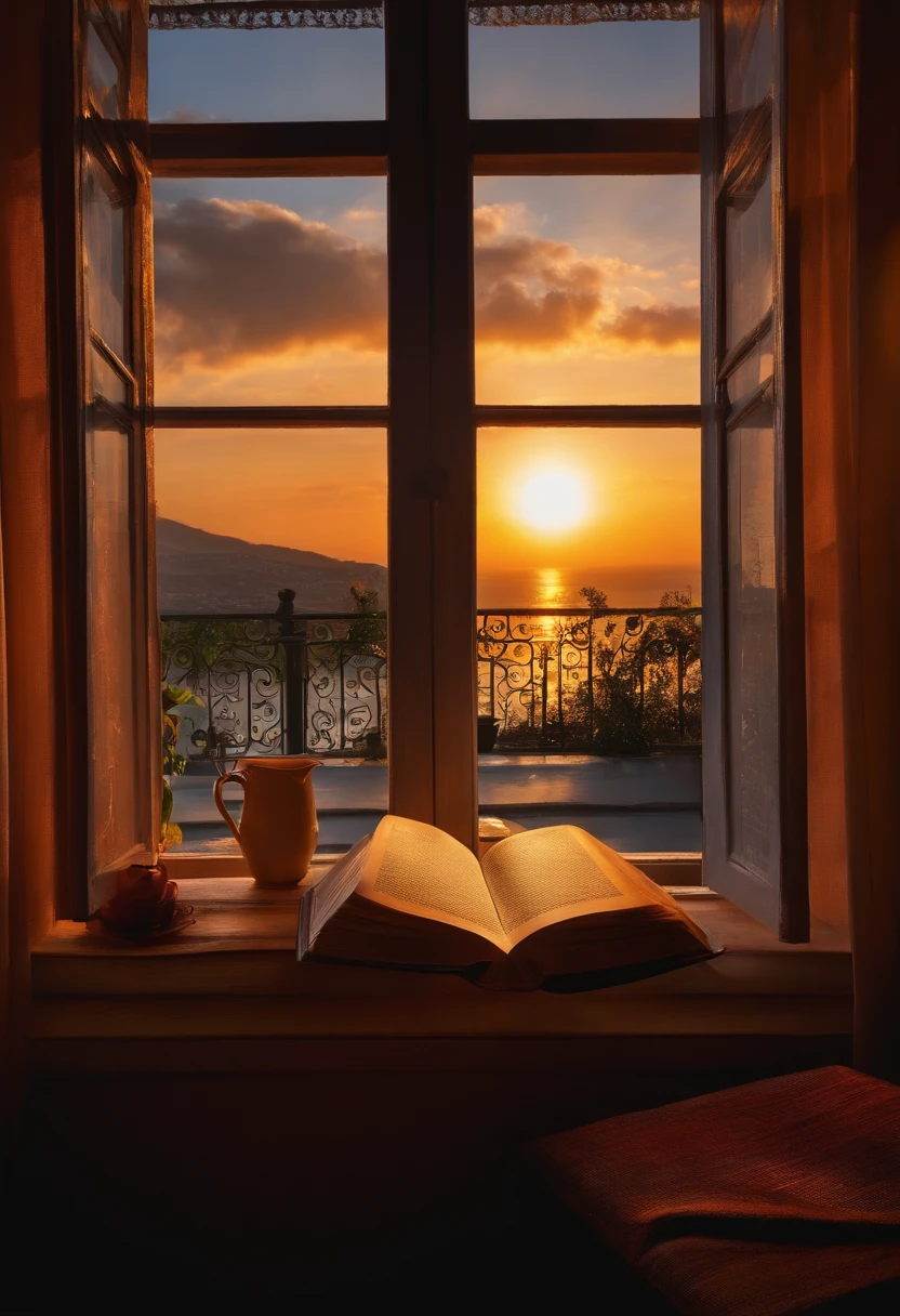 A book, a pen in the middle of the book, the window, the breeze, the table, the scenery outside the window, the sun