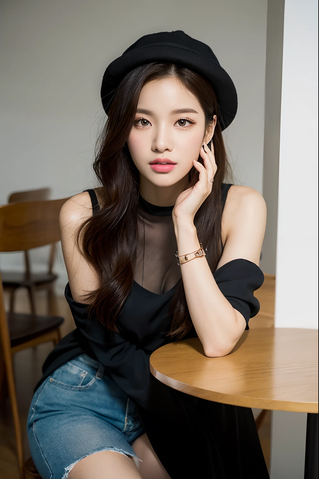 there is a woman sitting at a table with a hat on, portrait of jossi of blackpink, portrait of female korean idol, jinyoung shin, jaeyeon nam, eeri, ji-min, park ji-min, captured on canon eos r 6, official artwork, chiho, sun yunjoo, portrait of kpop idol, heonhwa choe