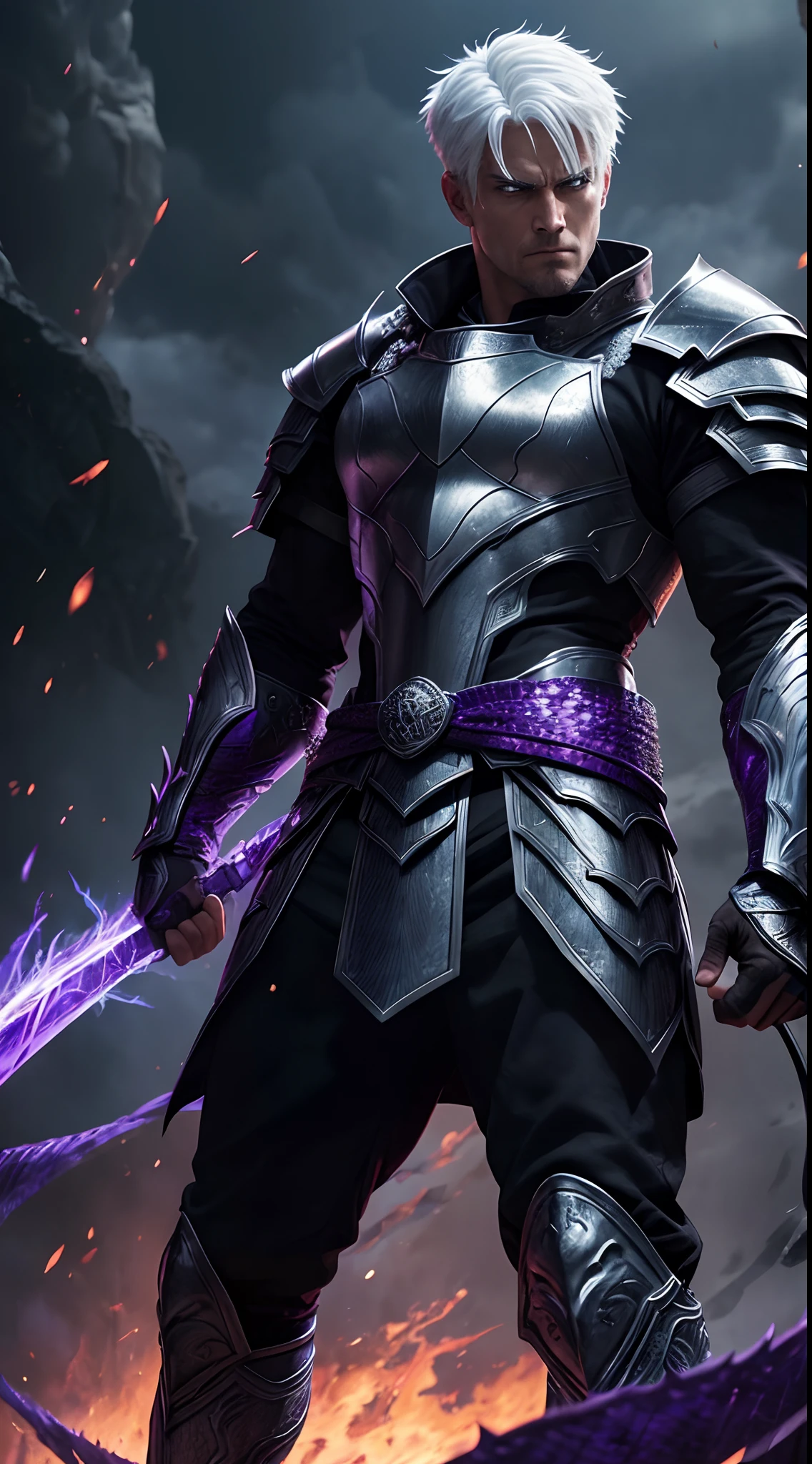 "A fierce warrior stands tall, his white hair reflecting the fiery glow of his eyes. His handsome face is set in a cold, determined expression as he dons a full body armor made of dragon scales, shimmering with the colors of hell fire and purple black lightning."