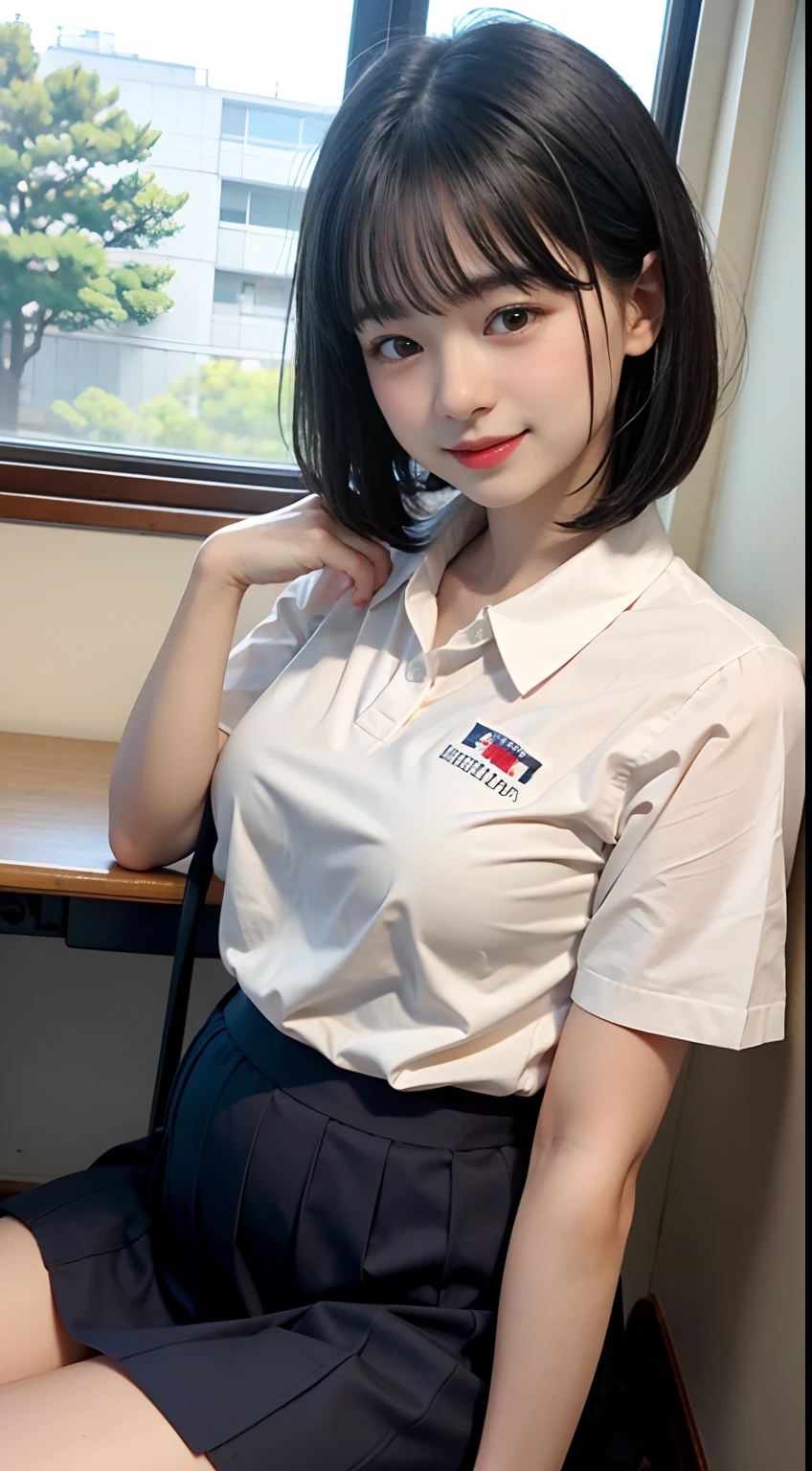 ((top-quality、​masterpiece))、Raw photography、8K、top-quality、 超A high resolution、Beautiful face in every detail、Realistic human skin、Gentle expression、front-facing view、Farbe々From an angle、realisitic、Photorealsitic、cute little、a short skirt、cute school girl、Japan schoolgirl wearing uniform、Surreal High School Girl、(wrist watch)、In the classroom、window、(Smile),((Large breasts)),((pantiy)),((bob cuts)),(looking in camera),　（（She was impregnated and raped by a rapist））（（Pregnant））