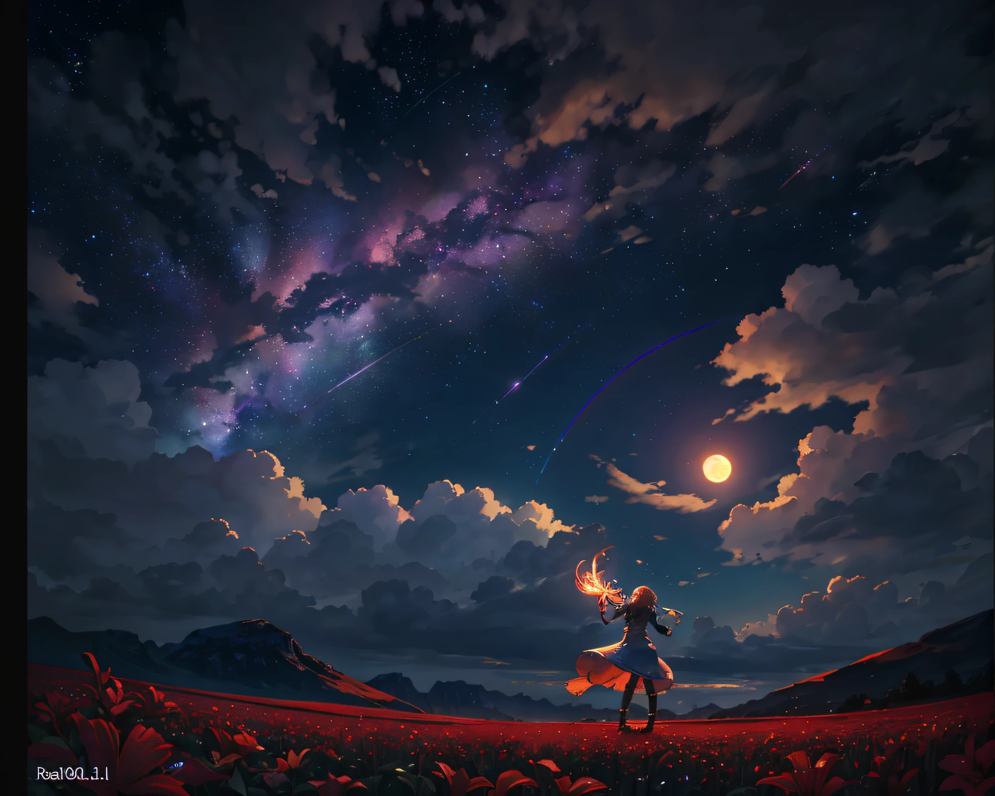 A wide landscape photo, (viewed from below, the sky is above, and the open field is below), a girl standing on a flower field looking up, (full moon: 1.2), (meteor: 0.9), (nebula: 1.3), distant mountains , Trees BREAK Crafting Art, (Warm Light: 1.2), (Firefly: 1.2), Lights, Lots of Purple and Orange, Intricate Details, Volumetric Lighting BREAK (Masterpiece: 1.2), (Best Quality), 4k, Ultra Detailed, (Dynamic Composition: 1.4), Rich in Detail and Color, (Rainbow Color: 1.2), (Glow, Atmospheric Lighting), Dreamy, Magical, (Solo: 1.2)