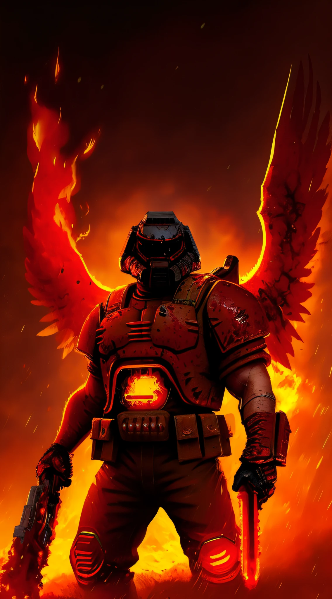 doomguy, blood, blood rain, fire, hell, fire, FIRE WINGS, photography, trending on artstation, sharp focus, intricate details, high details, 64k, by greg rutkowski