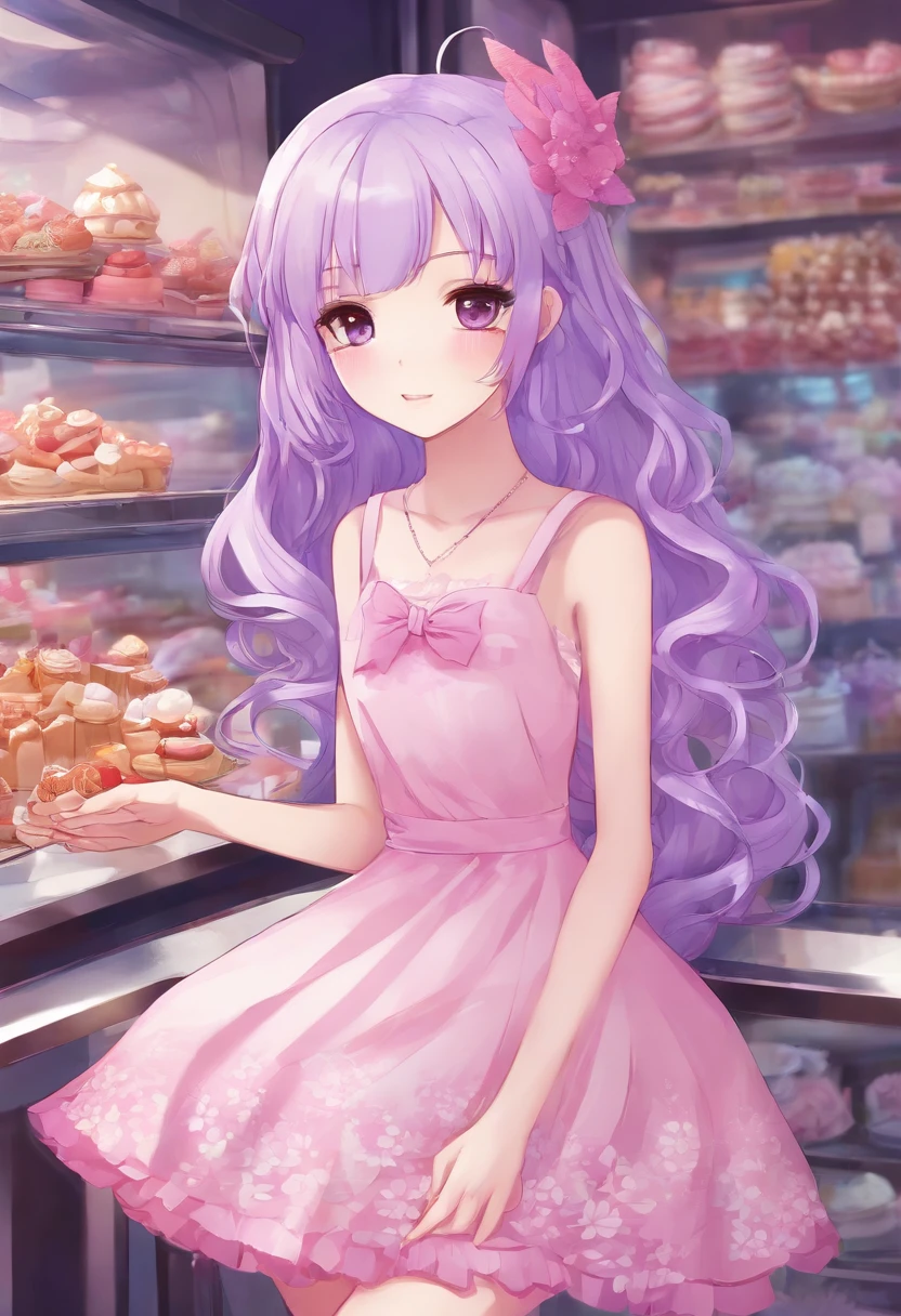 light skin,The perfect petite figure,Magnificent,Pink dress with white inserts above the knees,purple hair of a very dark shade,Very long,large eyes of dark purple color,long eyelashes,An innocent look,delicate facial features,happiness,Cute bakery in the background
