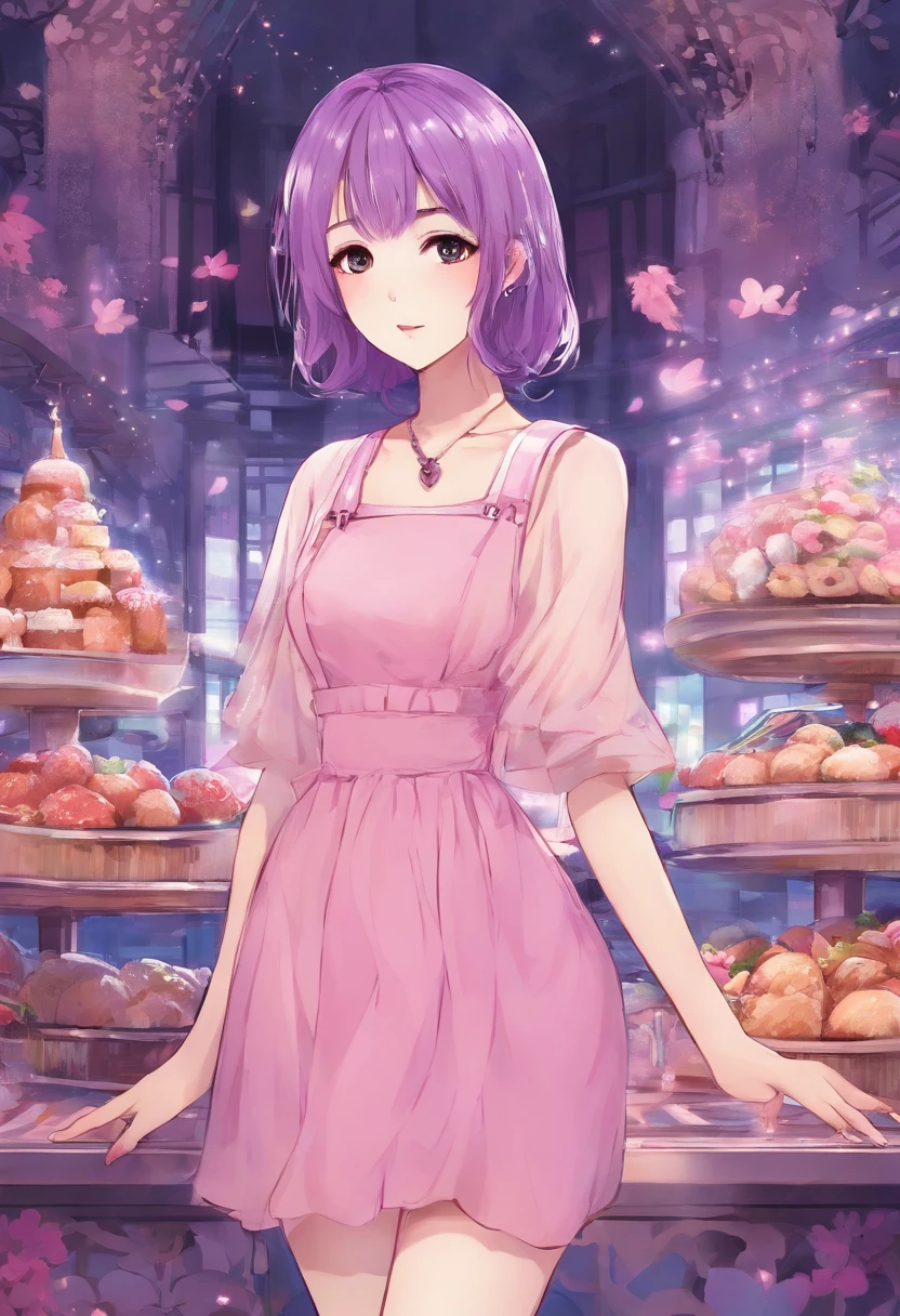 light skin,The perfect petite figure,Magnificent,Pink dress with white inserts above the knees,purple hair of a very dark shade,Very long,large eyes of dark purple color,long eyelashes,An innocent look,delicate facial features,happiness,Cute bakery in the background