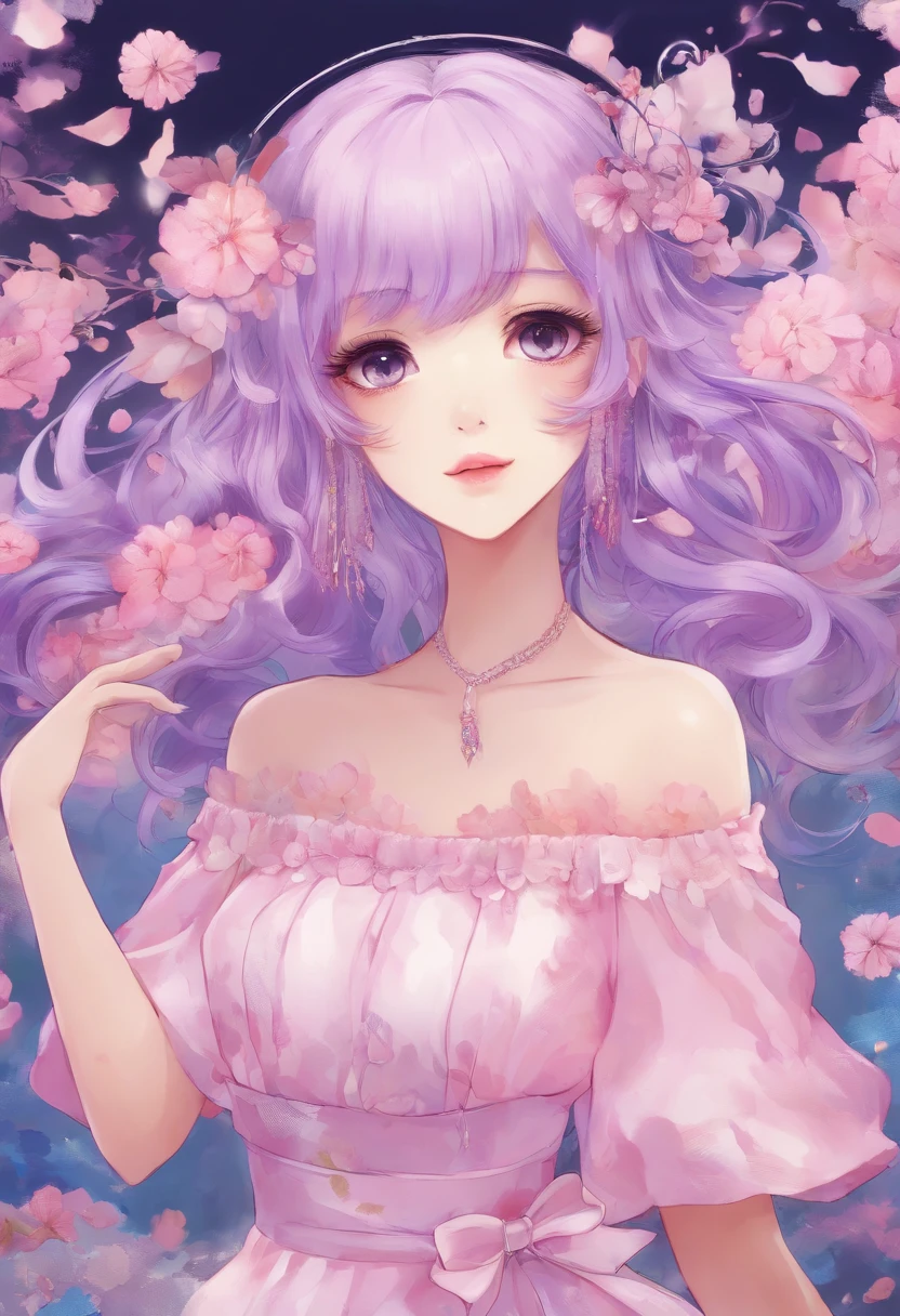 light skin,The perfect ite figure,Magnificent,Pink dress with white inserts above the knees,purple hair of a very dark shade,Very long,large eyes of dark purple color,long eyelashes,An innocent look,delicate facial features,happiness,Cute bakery in the background