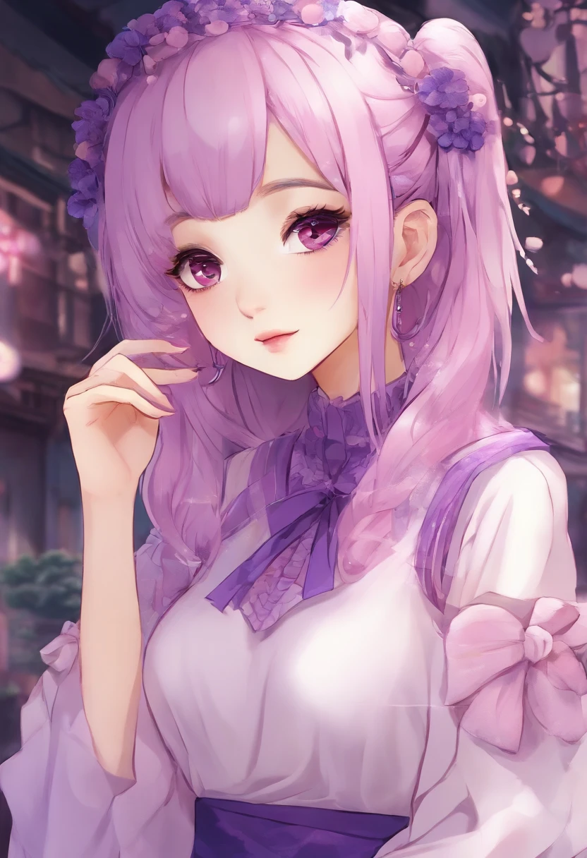 light skin,The perfect petite figure,Magnificent,Pink dress with white inserts above the knees,purple hair of a very dark shade,Very long,large eyes of dark purple color,long eyelashes,An innocent look,delicate facial features,happiness,Cute bakery in the background
