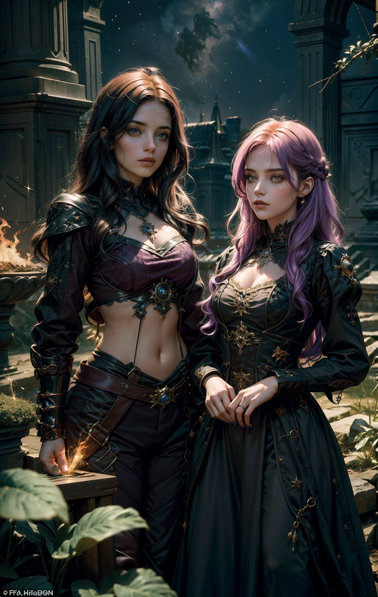 2 mulheres com a magia dourada, The background of the image is dark and starry and full of patches of light with sparks of fire, 2 mulheres de tons de cabelo diferente assim como os olhos, 1 melher tem cabelos verdes, the other melher has hair and lilac