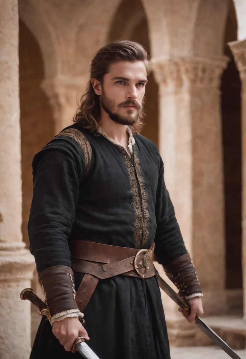 strong, A young man with brown and white hair, A painful beard and a full body dressed as a warrior standing in the palaces of Andalusia looking at the camera holding a sword dressed in black