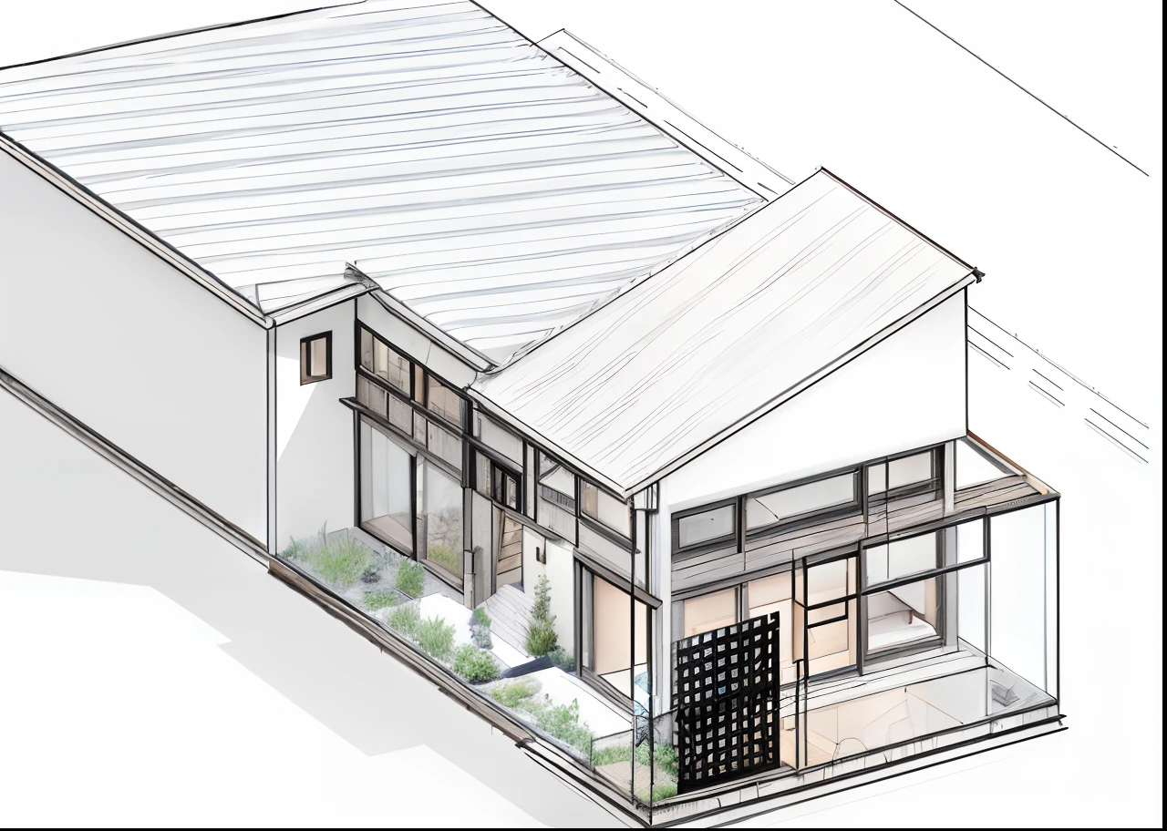 a drawing of a house with a small garden and a porch, a digital rendering, sketch - up, isometric view, 3/4 view, 3 / 4 view, conceptual rendering, concept house, concept drawing, passive house, artists impression, concept image, isometric perspective view, artistic render, rendered, 2 d axonometric overhead view, etching render