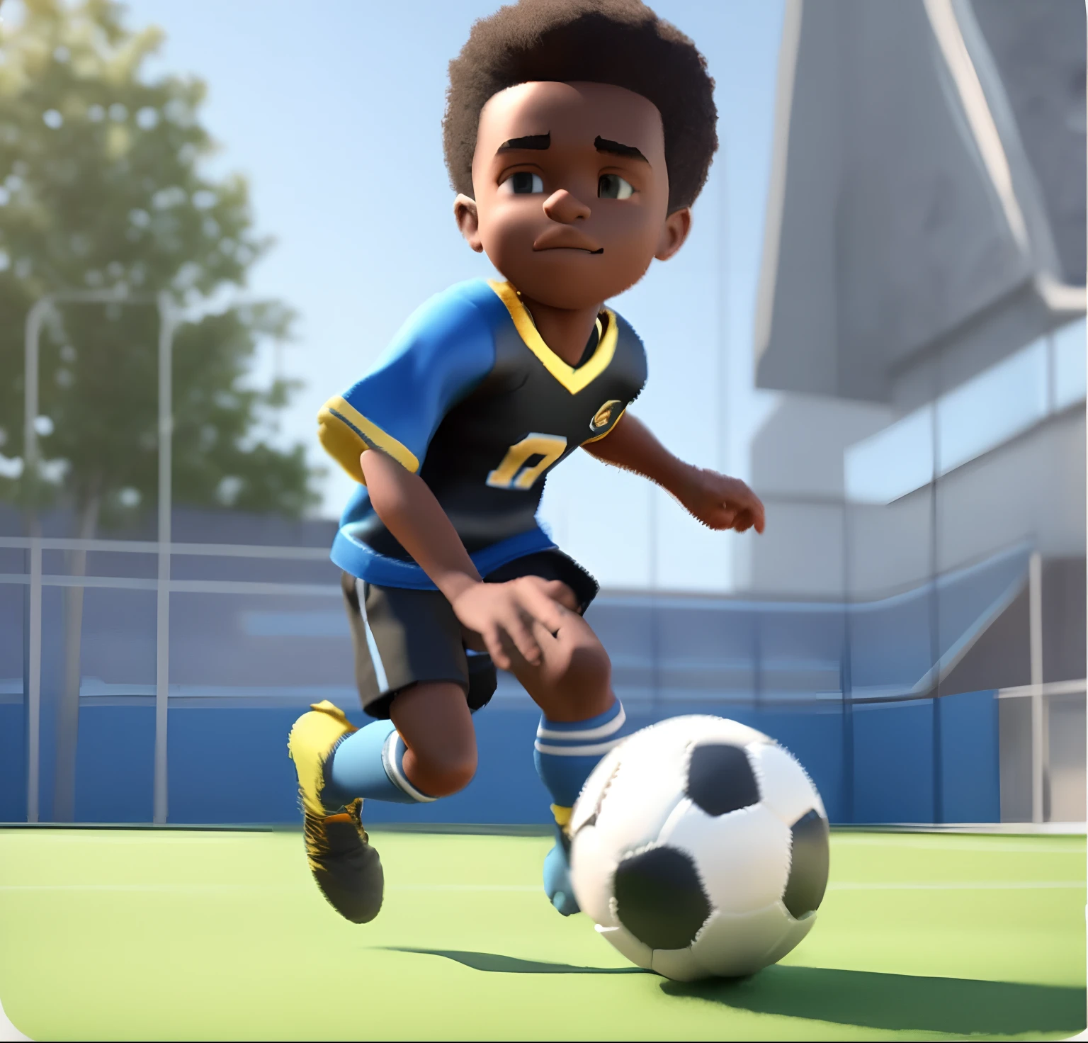 front view, a black boy playing football in the street, Pixar style, 3D, C4D, realistic, light