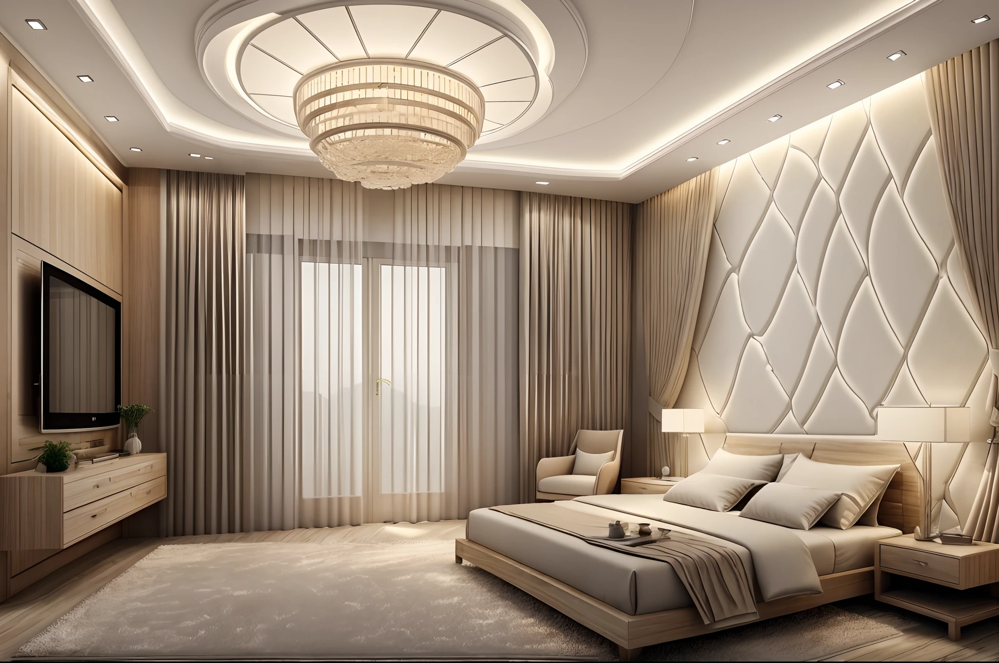 "(best quality, highres, realistic:1.37), ultra-detailed, Organic Architecture, bedroom, nightlight, soft moonlight, wooden textures, minimalistic design, cozy atmosphere, wall-mounted bookshelf, floor-to-ceiling windows, delicate curtains, comfortable bed, warm color palette, sleek furniture, soft rug, soothing ambience, organic forms, clean lines, natural materials, subtle patterns, dreamy vibe"