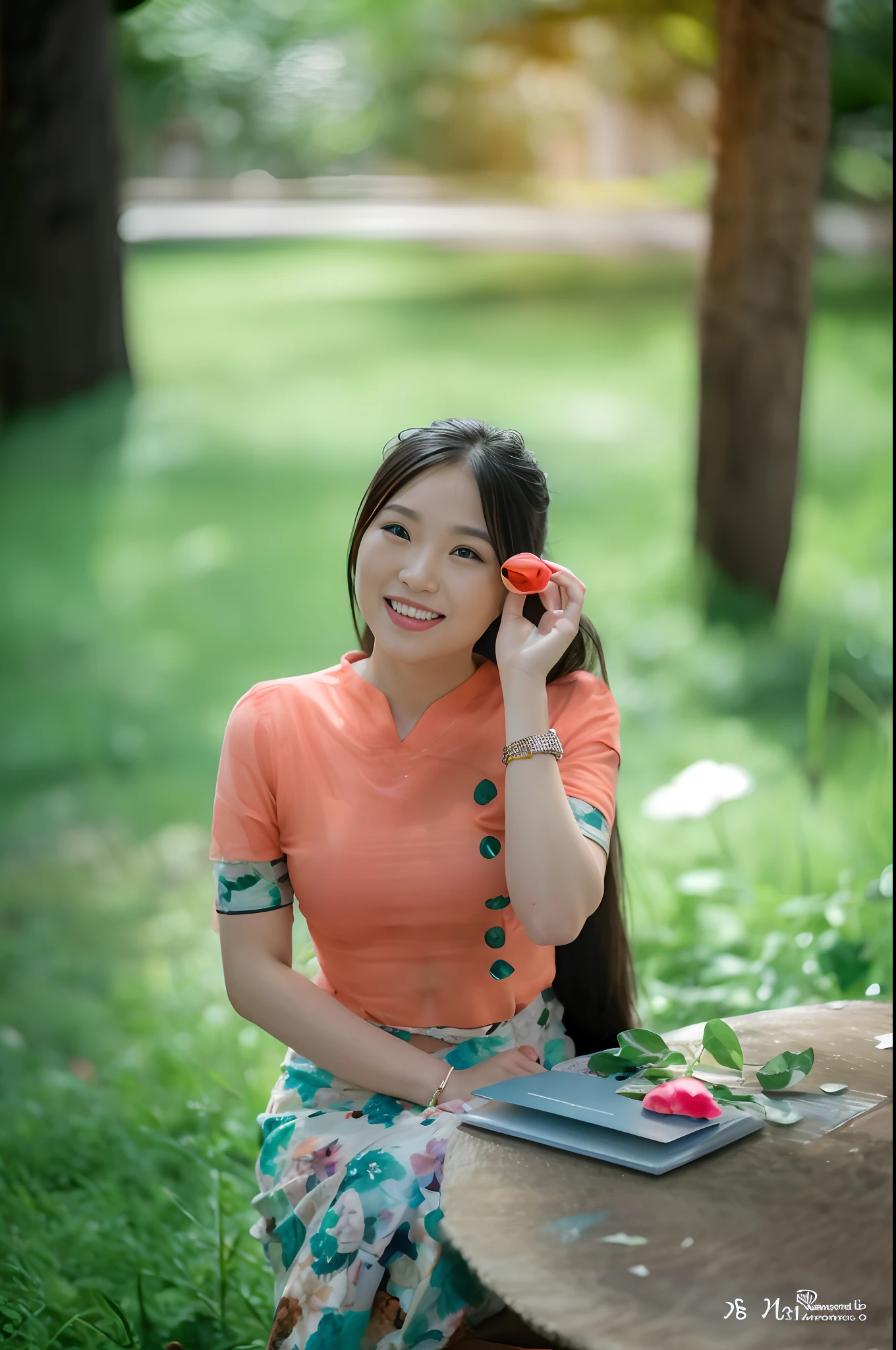 there is a woman sitting on a bench talking on a cell phone, a young asian woman, vietnamese woman, an asian woman, young asian woman, young asian girl, asian woman, asian girl with long hair, chinese girl, a cute young woman, asian girl, chinese woman, in style of lam manh, photo of a woman, portrait shot, mid shot portrait