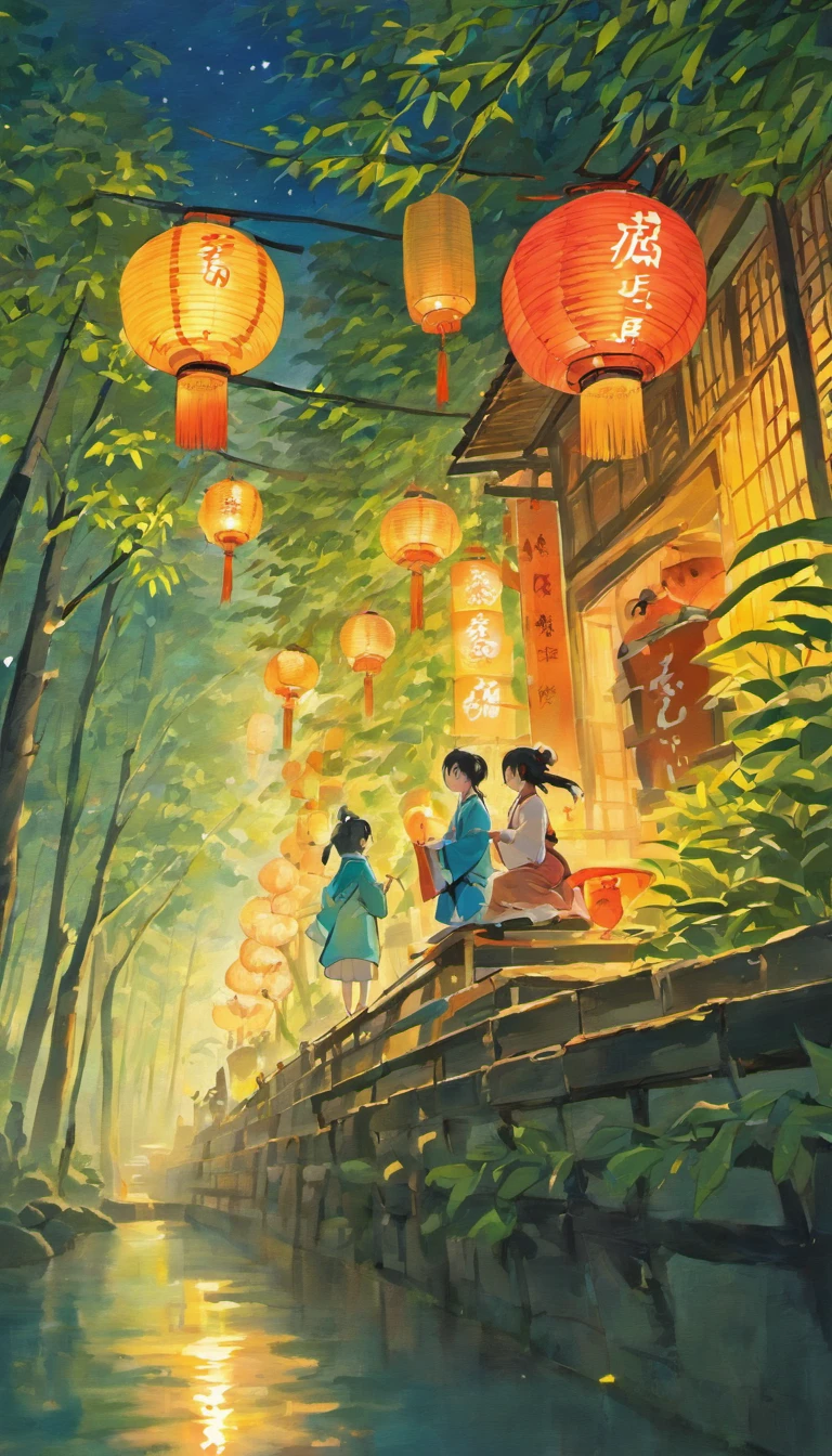 4k、Scenery in June、mont、falls、a river、bamboo grass、hydrangeas、ink and watercolor painting、On a calm autumn evening，Bright full moon hanging high in clear blue night sky，。In a beautiful square，Two cute pandas standing under the moon，They are quietly looking forward，As if waiting for an important moment。
Traditional festive installations are arranged in the square，Bamboo lanterns and art installations dot throughout the environment，Add a mystical atmosphere to the festival。Exudes an attractive aroma，Those who are waiting to taste々。Make the whole celebration a climax，a person々Look up at the sky，Cheers to celebrate the Mid-Autumn Festival。The moment is full of tradition and festive spirit，Present unforgettable artistic photos。