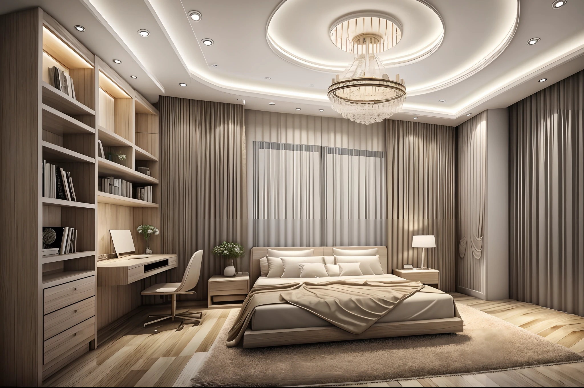 "(best quality, highres, realistic:1.37), ultra-detailed, Organic Architecture, bedroom, nightlight, soft moonlight, wooden textures, minimalistic design, cozy atmosphere, wall-mounted bookshelf, floor-to-ceiling windows, delicate curtains, comfortable bed, warm color palette, sleek furniture, soft rug, soothing ambience, organic forms, clean lines, natural materials, subtle patterns, dreamy vibe"