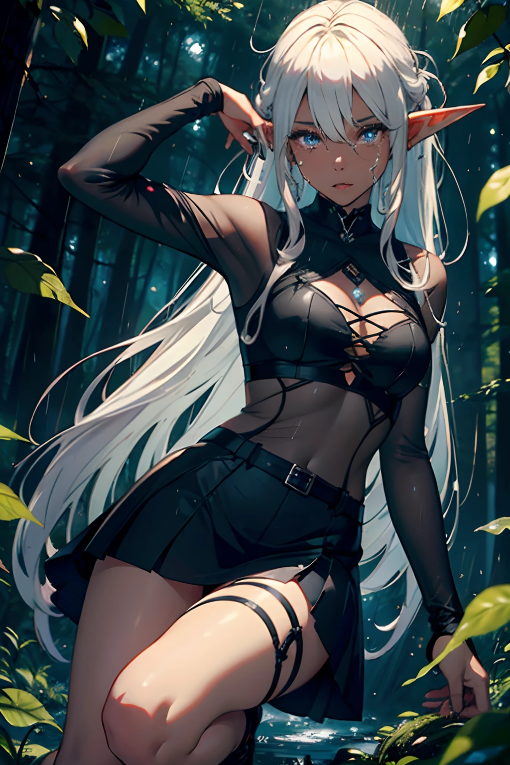 4D、Elven Woman,blacks,27yo,（8K picture quality、high-detail、​masterpiece、ultra-definition）、Ray traching、In the dark forest,being hit by rain,a blond、white  hair、length hair、((Black skin))、high-detail skin、(Crying face),Slit skirt,a miniskirt,Doggie style,open one's legs