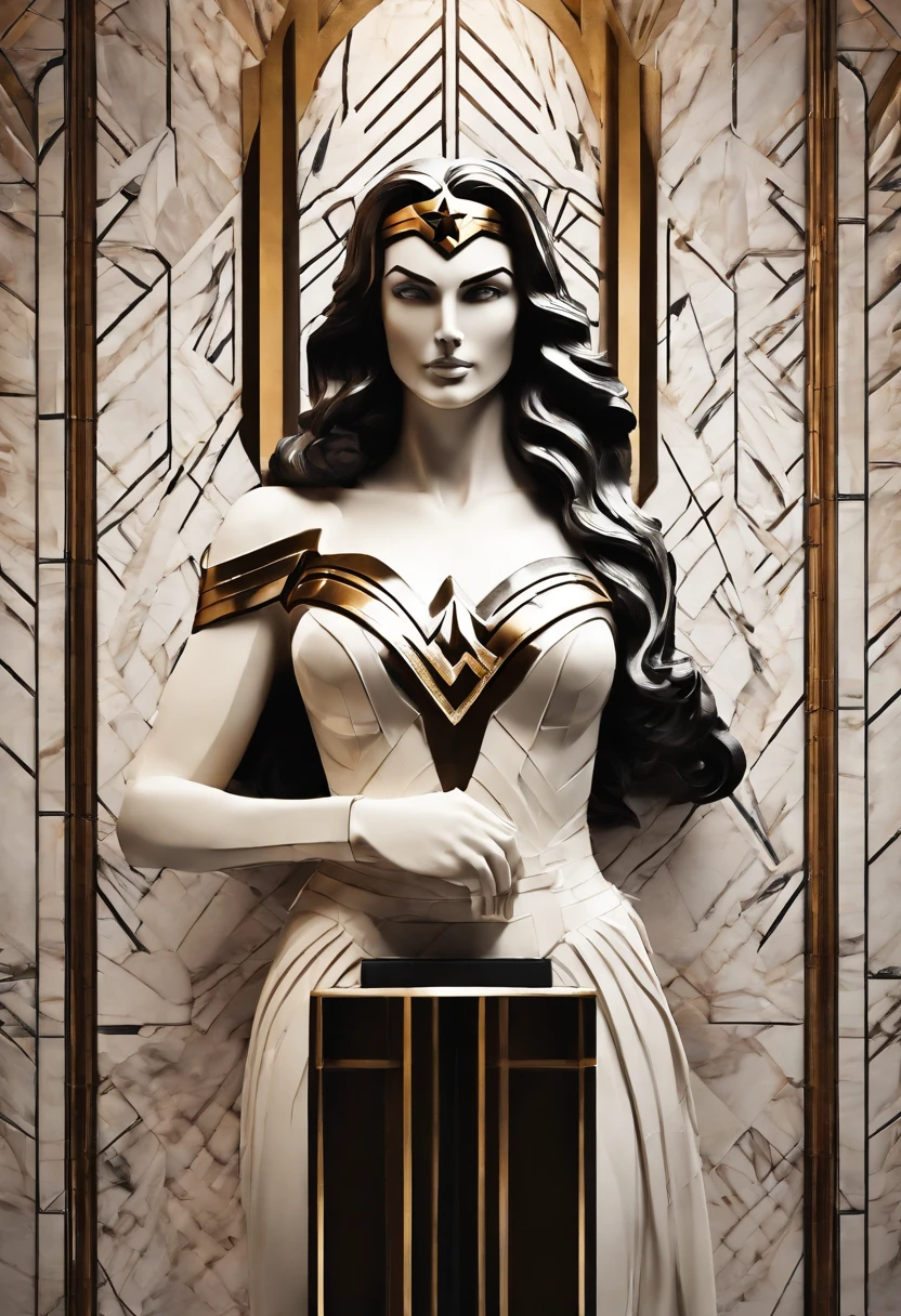 White marble statue of wonder woman bust style fi dark atmosphere, alto contraste de luz e sombra, fotografia profissional, utrarealista, light volumetric, cinemactic