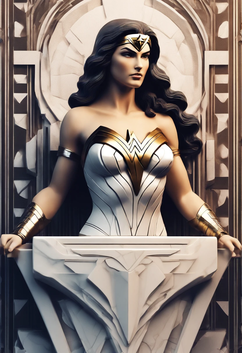 White marble statue of wonder woman bust style fi dark atmosphere, alto contraste de luz e sombra, fotografia profissional, utrarealista, light volumetric, cinemactic