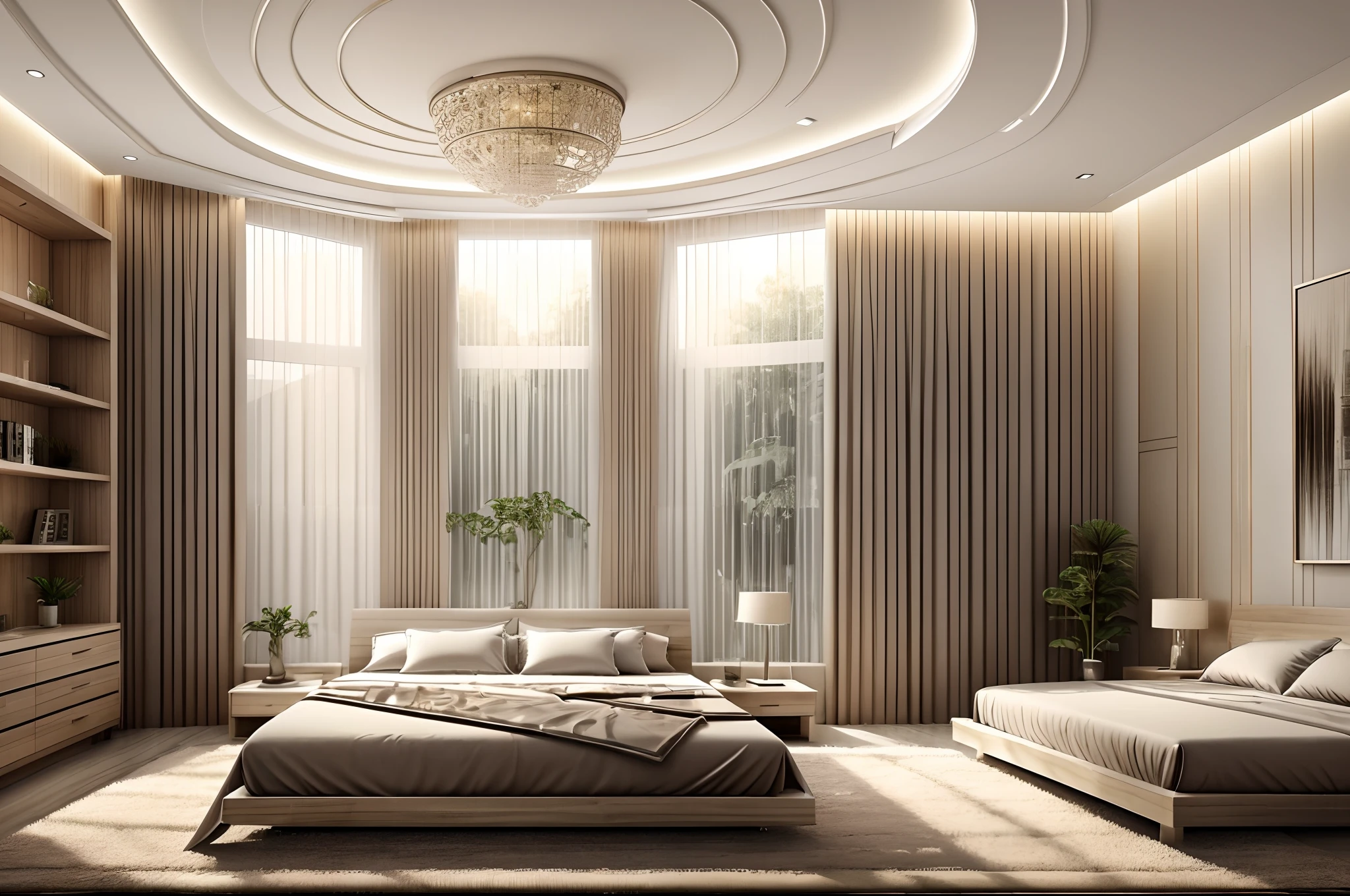 "(best quality, highres, realistic:1.37), ultra-detailed, Organic Architecture, bedroom, nightlight, soft moonlight, wooden textures, minimalistic design, cozy atmosphere, wall-mounted bookshelf, floor-to-ceiling windows, delicate curtains, comfortable bed, warm color palette, sleek furniture, soft rug, soothing ambience, organic forms, clean lines, natural materials, subtle patterns, dreamy vibe"