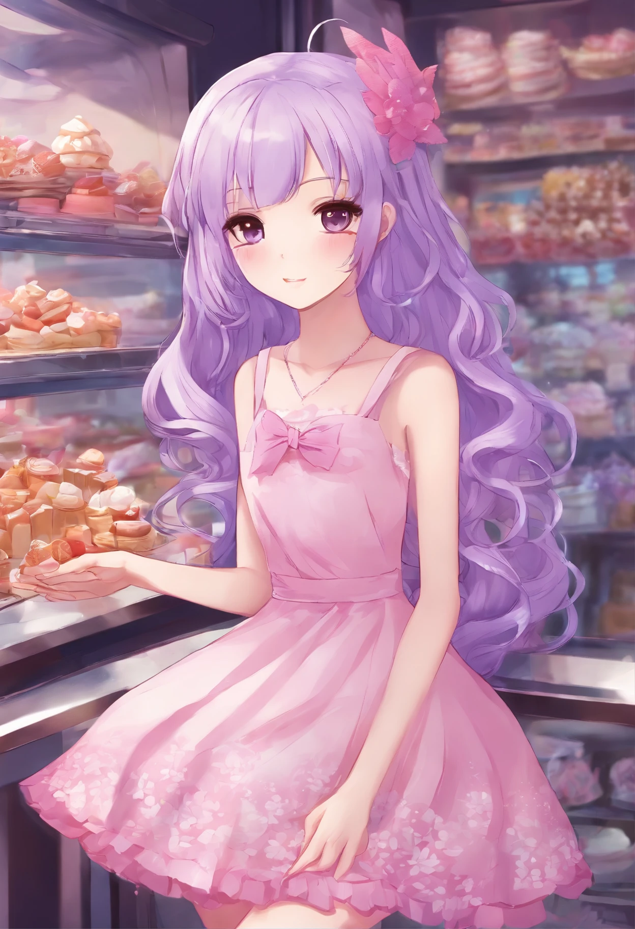 light skin,The perfect ite figure,Magnificent,Pink dress with white inserts above the knees,purple hair of a very dark shade,Very long,large eyes of dark purple color,long eyelashes,An innocent look,delicate facial features,happiness,Cute bakery in the background