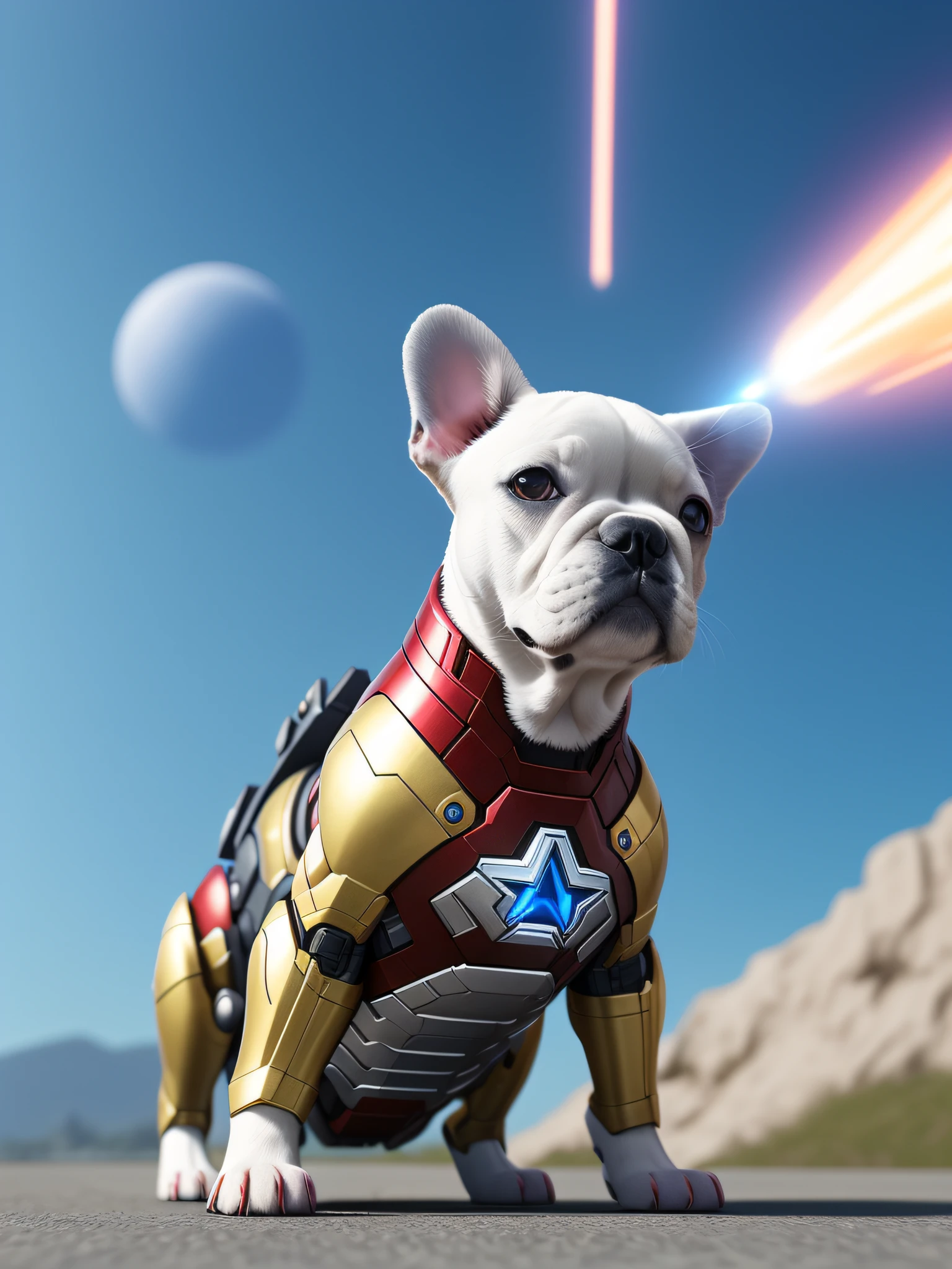 french bulldog, (marvel ironman), Klaren Mecha-Planetenhintergrund, Stereoskopischer Effekt, 3D-gerendert, (Beste Illustration), (super detaillierter CG), Digitale Malerei, Eyes of the Milky Way, Ultra-Definition, --ios 120, Akribischer Ausdruck, HDR, Extrem hohe Detailgenauigkeit, Unreal-Engine, satte Farben, Oktan-Rendering, 8K
