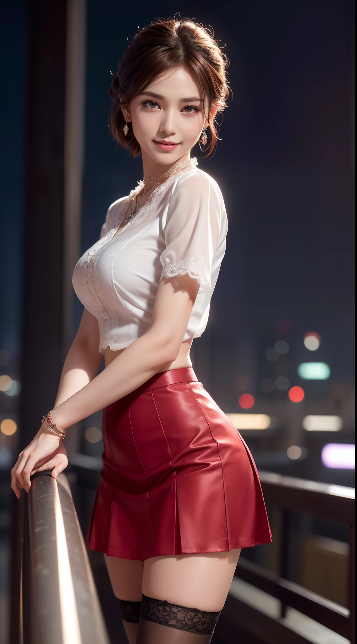 8k, masterpiece, RAW photo, best quality, photorealistic, extremely detailed CG unity 8k wallpaper, Depth of field, Cinematic Light, Lens Flare, Ray tracing, (extremely beautiful face, beautiful lips, beautiful eyes), intricate detail face, ((ultra detailed skin)) 1girl, in the dark, deep shadow, pretty Asian girl, idol, 1 girl, (very slim slender fit-muscled body:1.3), ((looking at viewer)),(big smile:1.3), (tight laced blouse), ((white color blouse)), (short sleeve) , (city night, dark night, (neon sign), (blurred background), dim lights, cityscape, rooftops, beautiful earrings, bracelets, necklace, pantyhose, clear eyes, (pale skin), (big eyes), face forward, ((upper body shot)), (silk red color skirt), (brown hairs),((laced skirt)), (looking at viewer:1.3), open breast, (very slim), medium breasts,((flooming laced)), updo hair, mini skirt, short hair, laced stockings