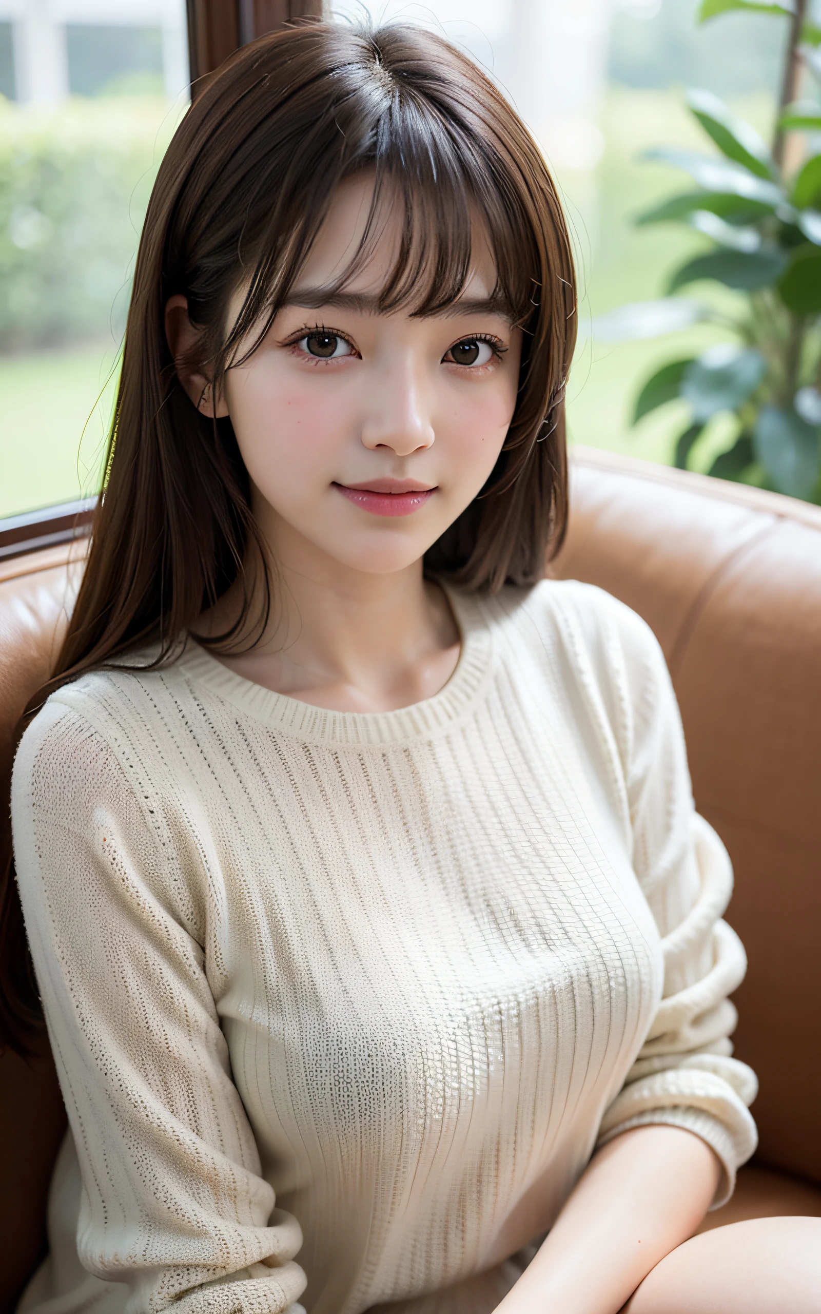 masterpiece, Best Quality, 8K, 1girl in, Raw photo, Professional Photography, Portrait, Soft light, Professional Lighting, Smile, Cute, Girly, Delicate girl, Neat and clean beauty, Looking away, Sophisticated, Film grain, (Eyes and faces with detailed:1.0), extreme close - up, Smile, Bangs, sweater