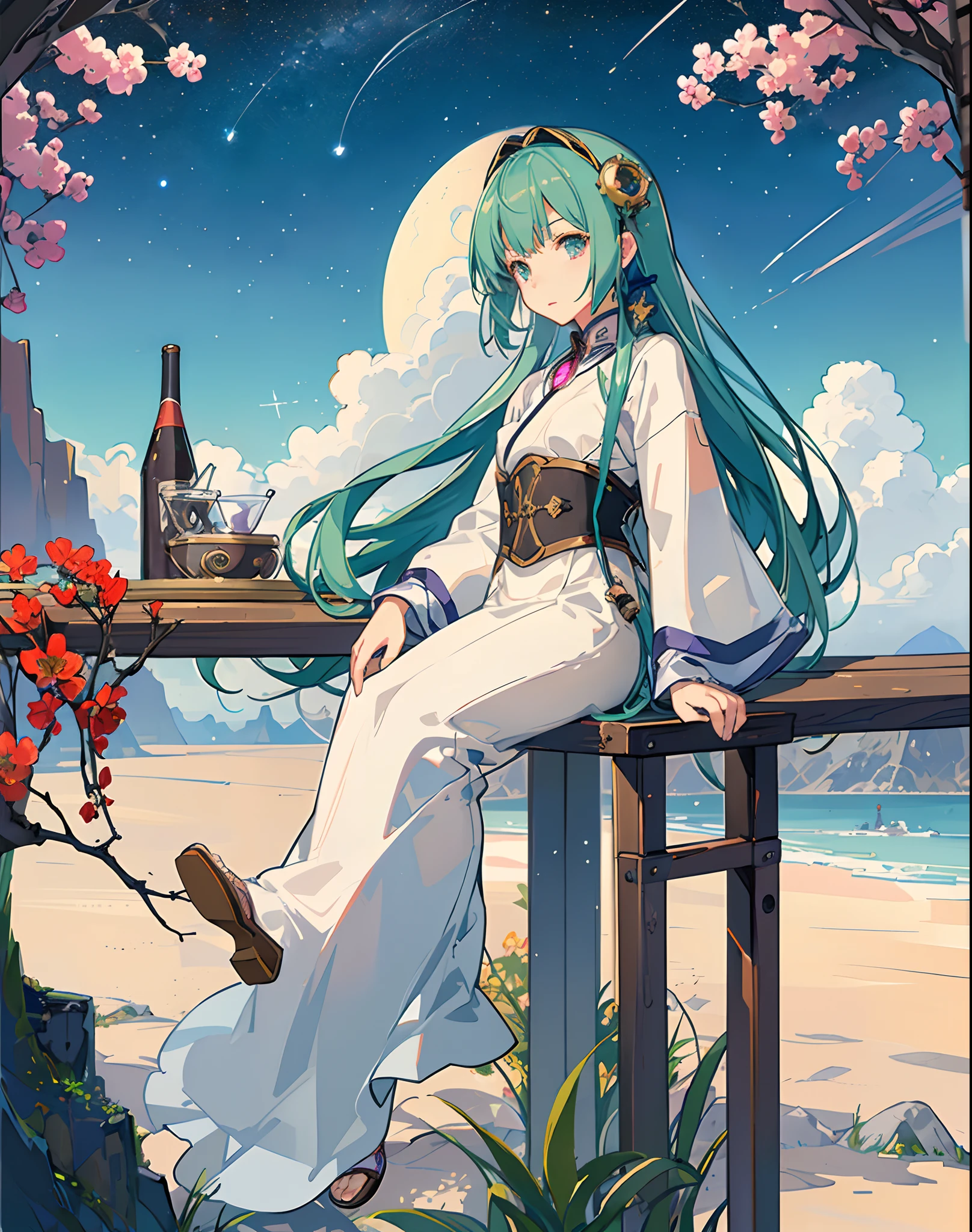best quality, masterpiece, extremely detailed, detailed background, anime, 1girl, young girl, short girl, sci-fi, science fiction, outdoors, night, starry sky, greenhouse, megastructure, bio-dome, landscape, scenery, horizon, rooftop, sitting on rooftop, wind, looking away, atmospheric lighting, solo focus, close up, from side, depth of field, bokeh