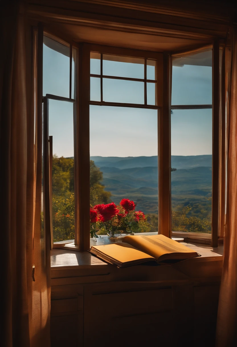 A book, a pen in the middle of the book, the window, the breeze, the table, the scenery outside the window, the sun,Side view