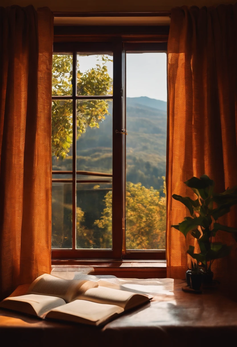 A book, a pen in the middle of the book, the window, the breeze, the table, the scenery outside the window, the sun,Side view