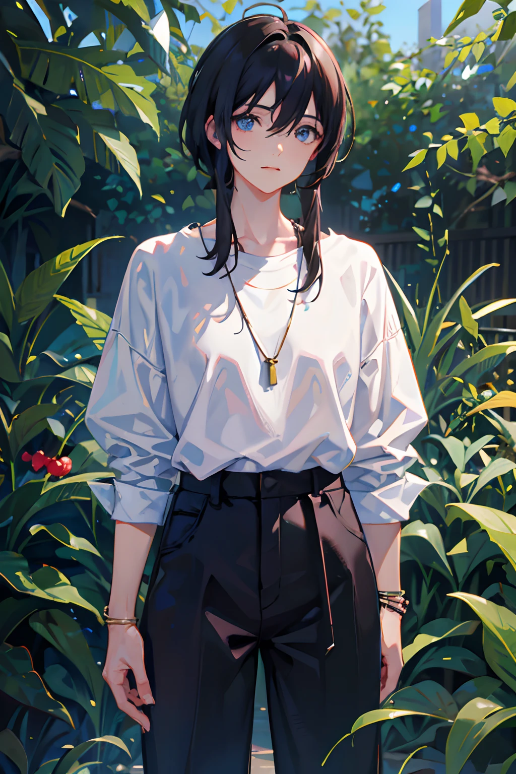 1boy, bangs, berries, black hair, black shirt, blue eyes, hair between eyes, jewelry, leaves, looking at the audience, male focus, necklace, pants, shirt, solo, watch, white pants, watch, messy hair, trends on artstation, 8k resolution, very detailed, anatomically correct, clear images, digital painting, concept art, fashion trends on pixiv, Makoto Shinkai's style,