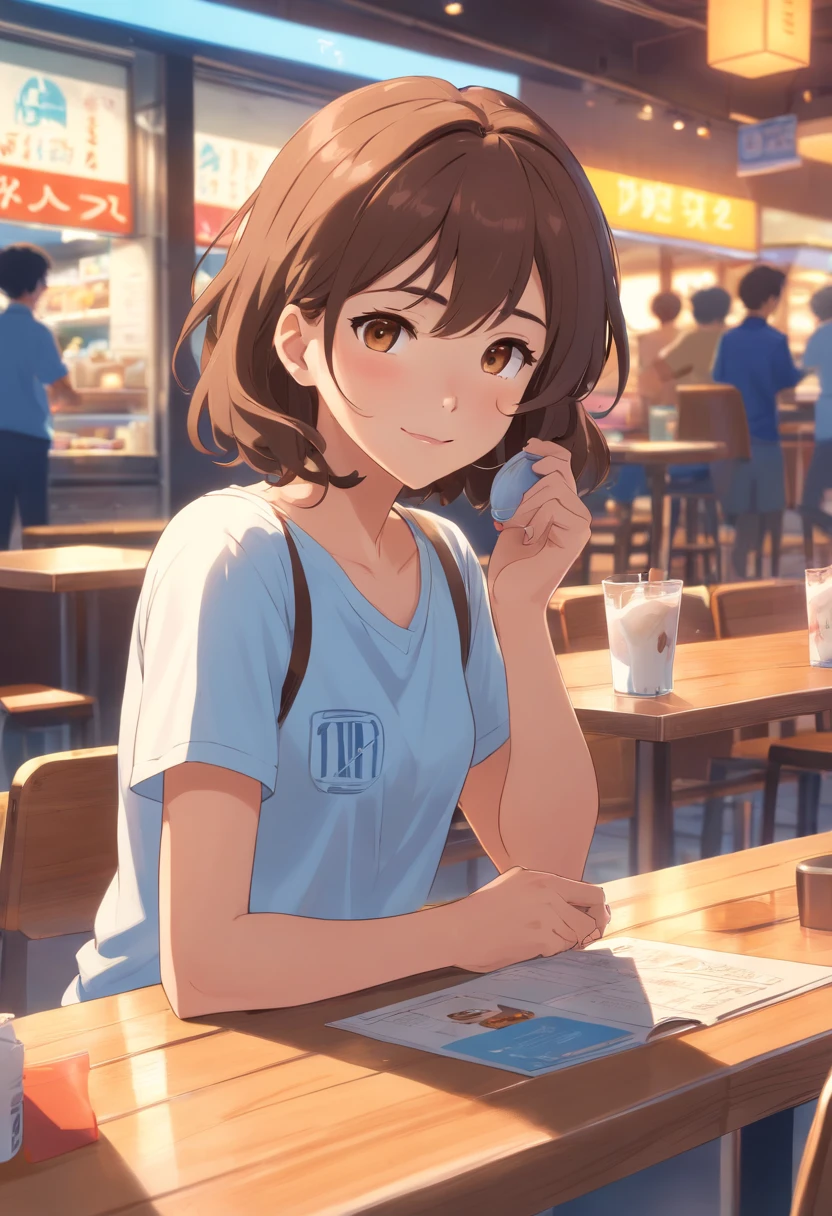 1girl, tan complexion, curly brown hair, brown eyes, wearing white graphic t-shirt, navy blue leggings, white and blue sneakers, sitting at table in cafe, looking at menu, smiling, chocolate milk shake sitting on table, smart phone on table, afternoon, city, absurdres, high res, ultra sharp, 8K, masterpiece.