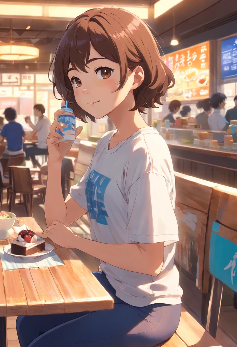 1girl, tan complexion, curly brown hair, brown eyes, wearing white graphic t-shirt, navy blue leggings, white and blue sneakers, sitting at table in cafe, looking at menu, smiling, chocolate milk shake sitting on table, smart phone on table, afternoon, city, absurdres, high res, ultra sharp, 8K, masterpiece.