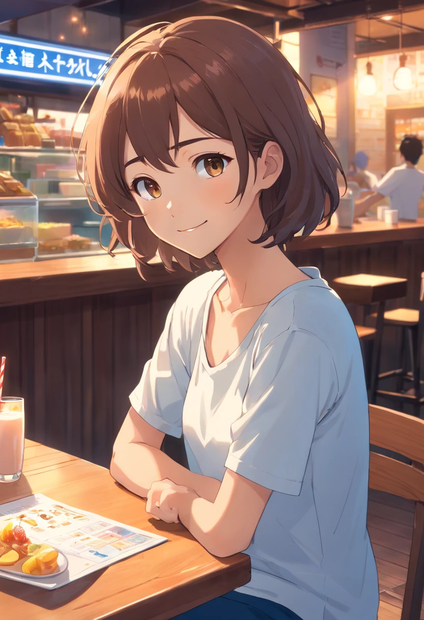 1girl, tan complexion, curly brown hair, brown eyes, wearing white graphic t-shirt, navy blue leggings, white and blue sneakers, sitting at table in cafe, looking at menu, smiling, chocolate milk shake sitting on table, smart phone on table,  afternoon, city, absurdres, high res, ultra sharp, 8K, masterpiece.