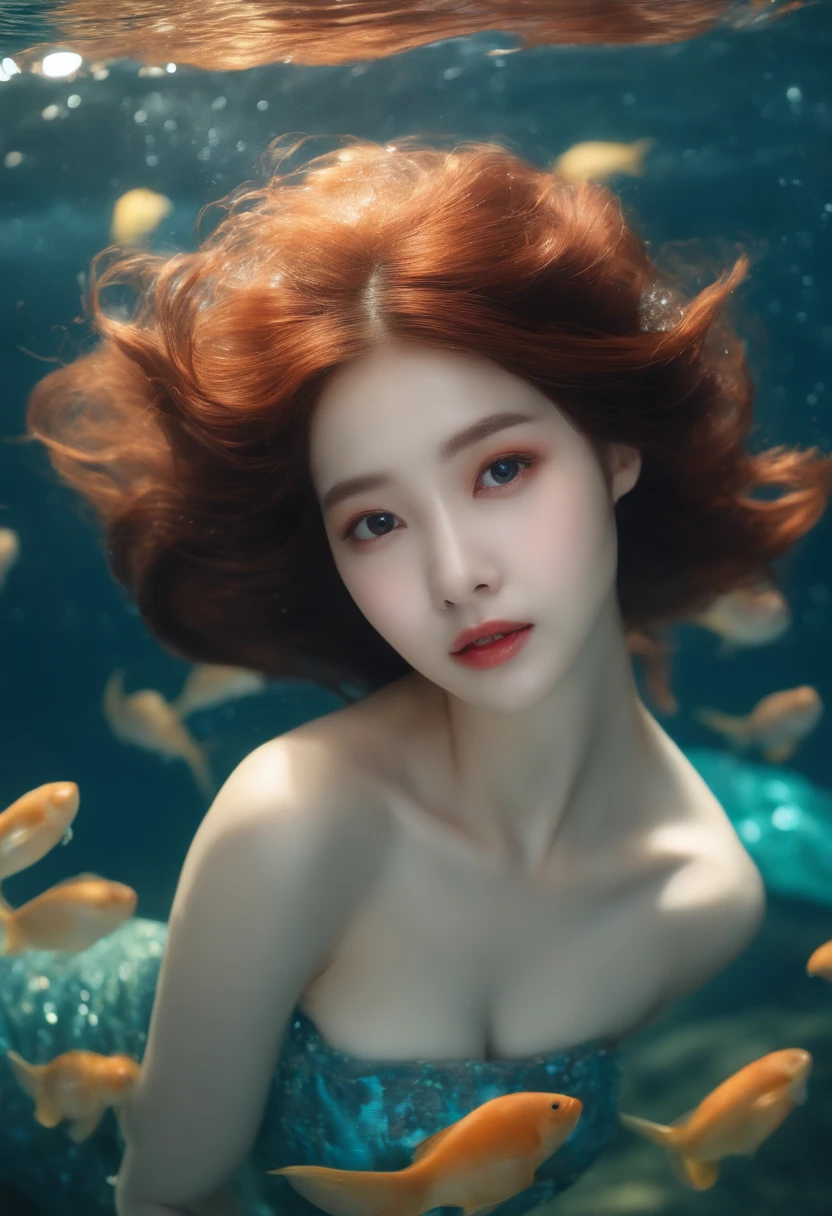 (top-quality、Masterpiece、An ultra-high picture quality、16k、Raw photo、Grand Prize Winners) 、Little mermaid swimming in the sea、A young mermaid about 10 years old、Delicate, slim and delicate petanko-breasted mermaid in every detail、、Details of moving limbs swimming in the water、Surreal live-action pretty little cute face、Delicate and detailed details of the human skin of a young mermaid、Detail of glossy black hair wet、Realistic movement swimming underwater、Underwater raw footage in motion、