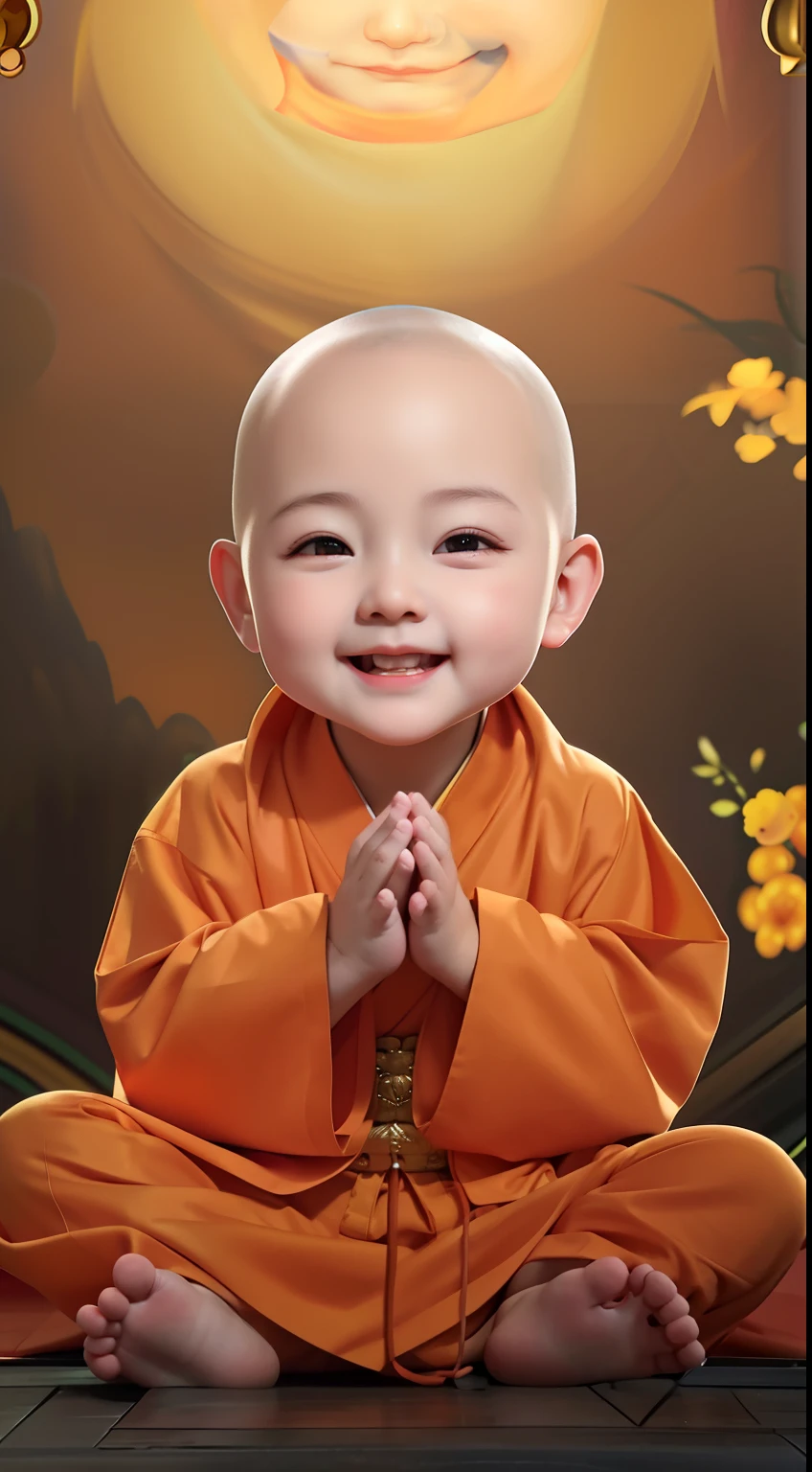 Smiling in orange robe sitting in front of a painting of a smiling Buddha, lovely digital painting, Buddhist, monk clothes, Portrait shooting, buddhist monk, monk meditation, adorable digital art, monk, Buddhism, portrait of monk, high quality portrait, Children, yanjun cheng, close up portrait shot, monk, Cute detailed digital art, wojtek fus