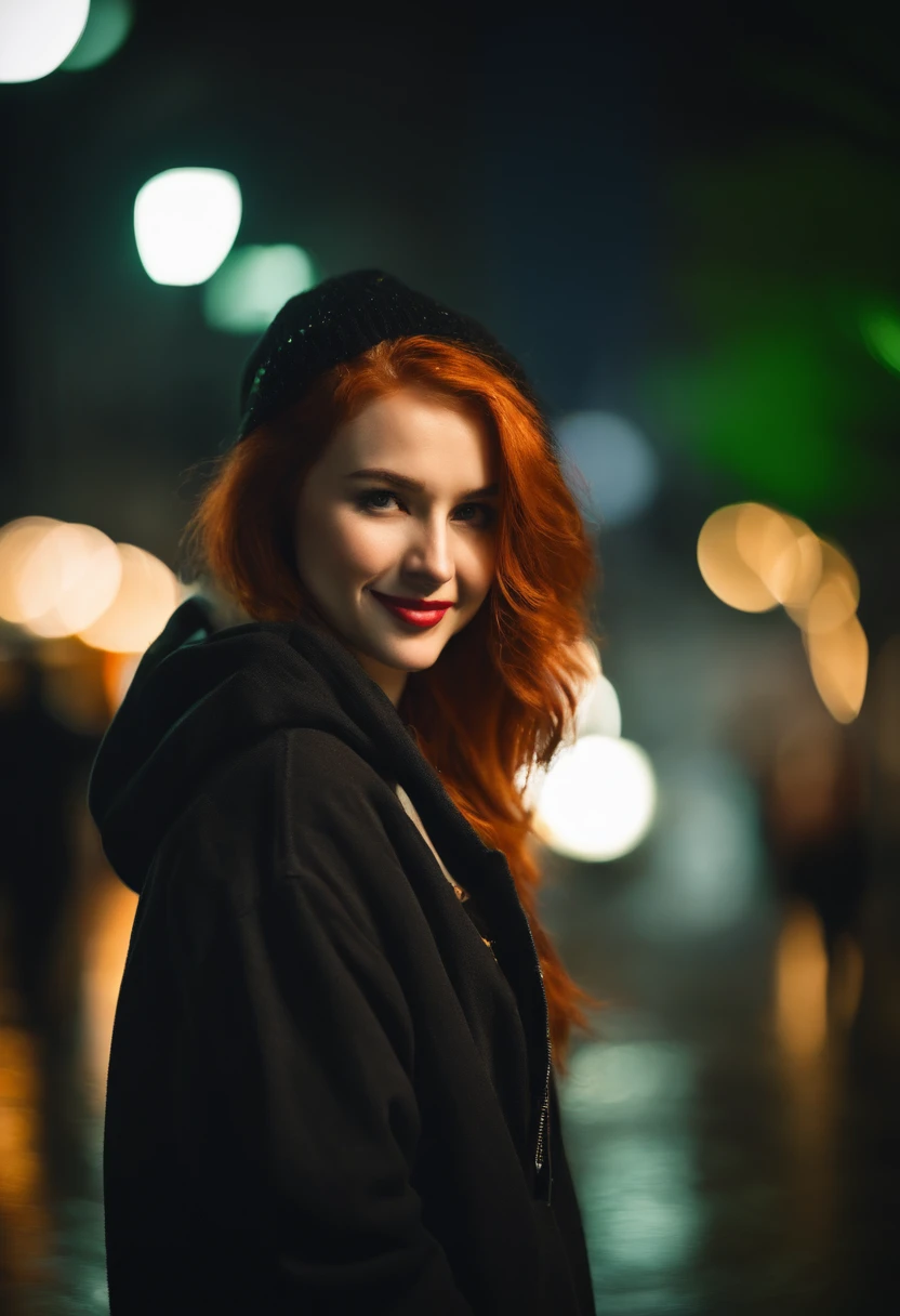 short lenght, slim, red haired, young adult woman, bright green eyes, night ,modern world. Tokyo, lights, cute, tatoo, smile, high quality, sharp backround, better shadows in the backround, rain, black hoodie, short bottom, belly shirt, water reflection